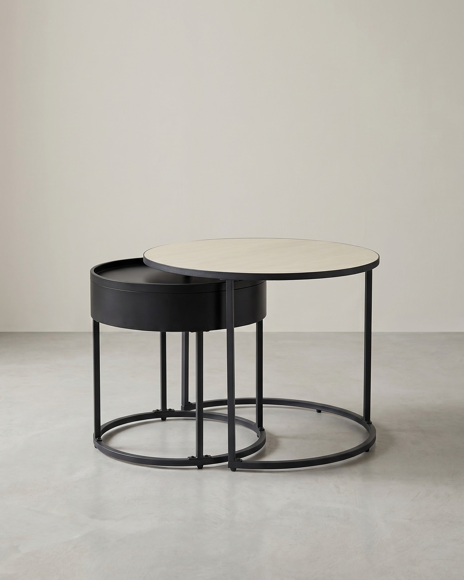 Ronde Salontafelset 2-delig – Nesttafels – Bijzettafels met Opbergruimte – Moderne Houten Tafels met Stalen Frame