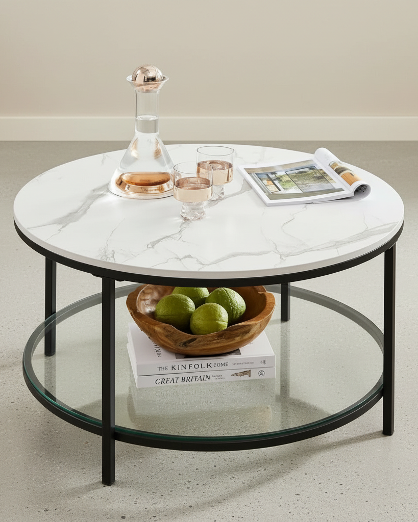 Salontafel met Marmerlook Tafelblad - Glazen Blad - Dubbele Ruimte - De Vries Meubels