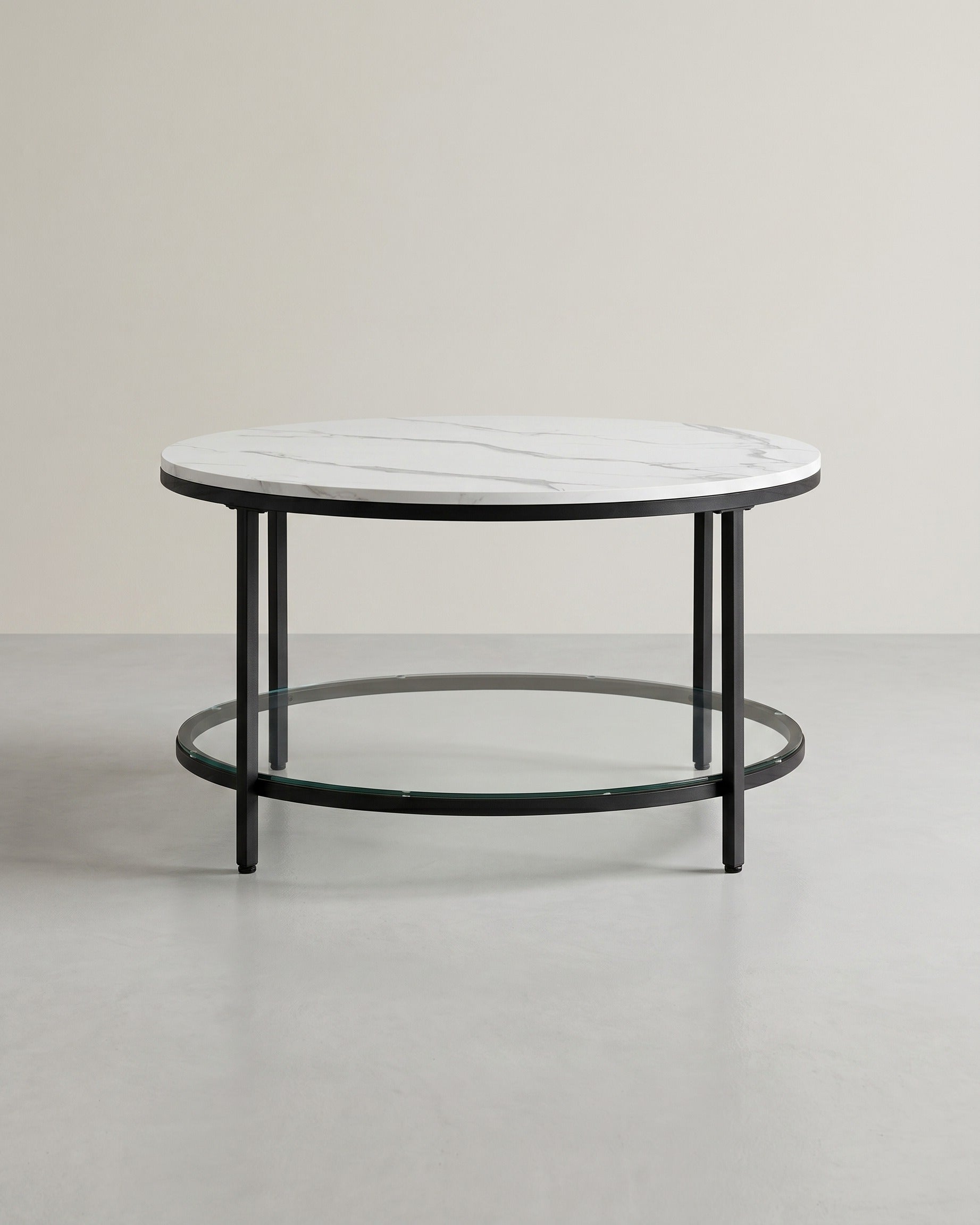 Salontafel met Marmerlook Tafelblad - Glazen Blad - Dubbele Ruimte - De Vries Meubels