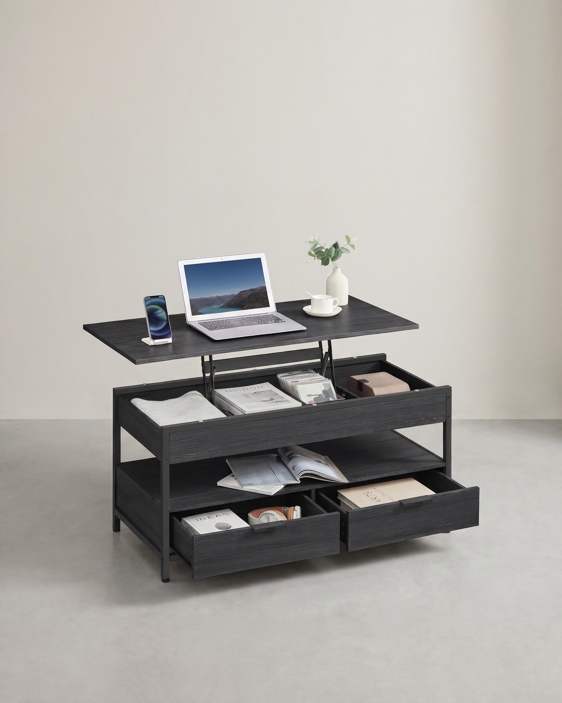Salontafel met Verstelbaar Tafelblad – Industrieel Design – 100 cm Breed – Met Opbergruimte
