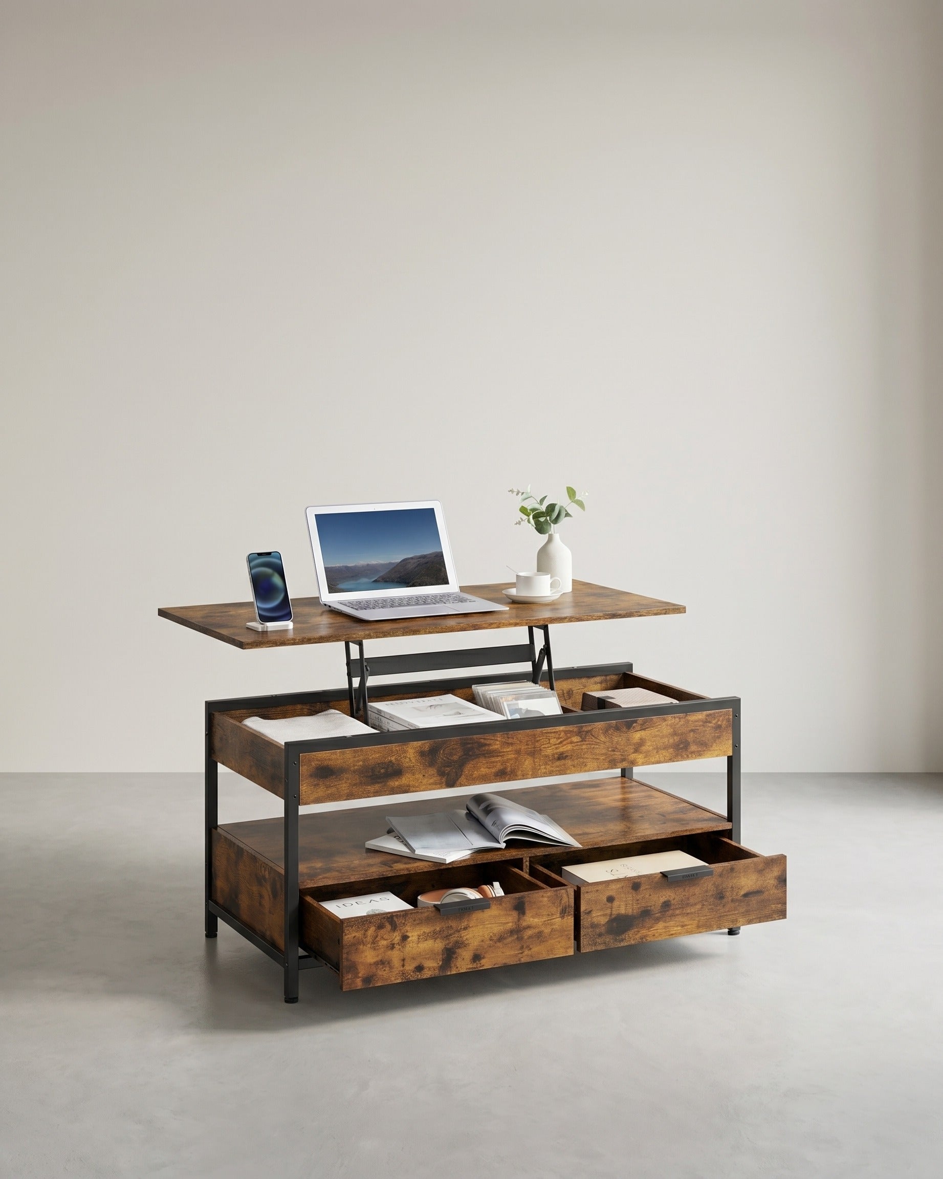 Salontafel met Verstelbaar Tafelblad – Industrieel Design – 100 cm Breed – Met Opbergruimte