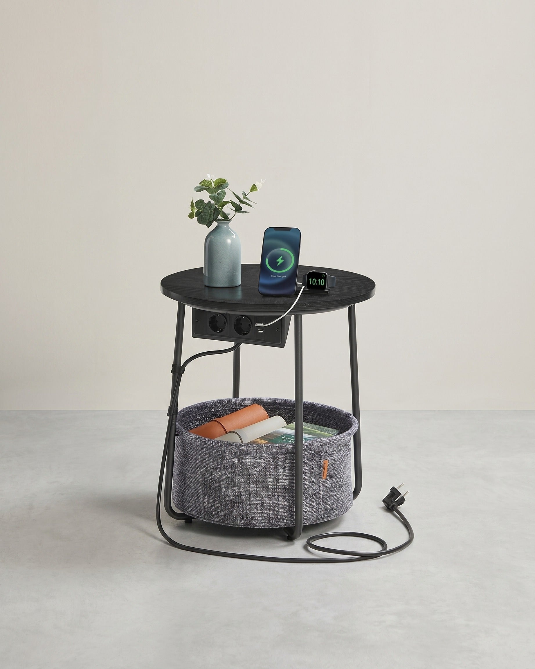 Bijzettafel met Stopcontact & USB-aansluiting - met Mandje - Modern tafeltje