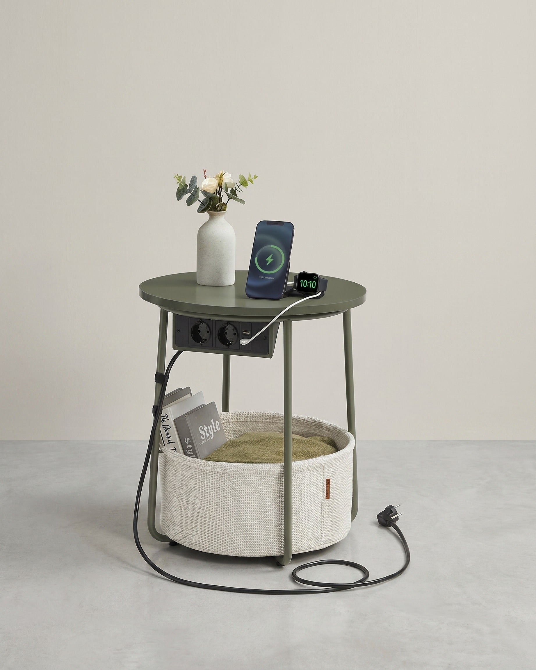 Bijzettafel met Stopcontact & USB - aansluiting - met Mandje - Modern tafeltje - De Vries Meubels