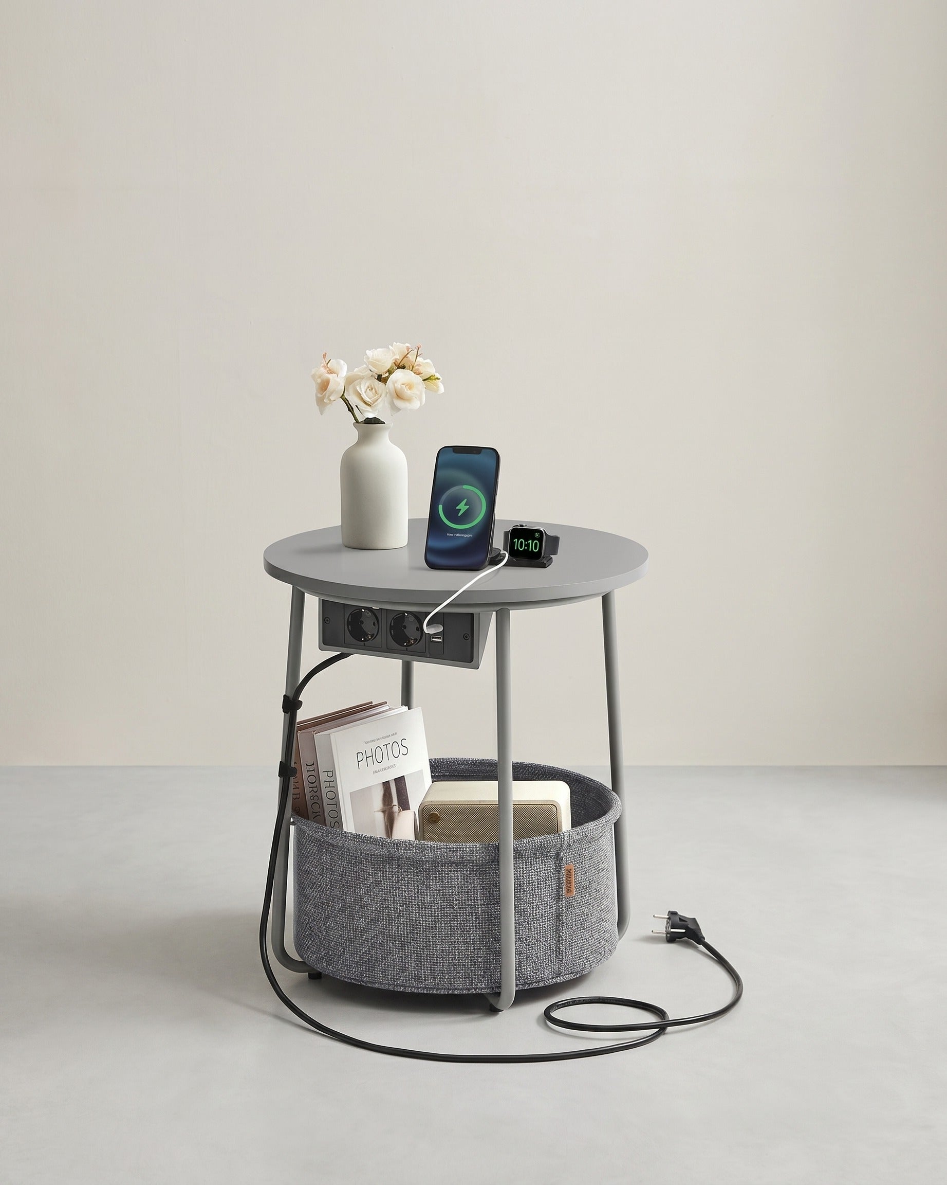 Bijzettafel met Stopcontact & USB-aansluiting - met Mandje - Modern tafeltje
