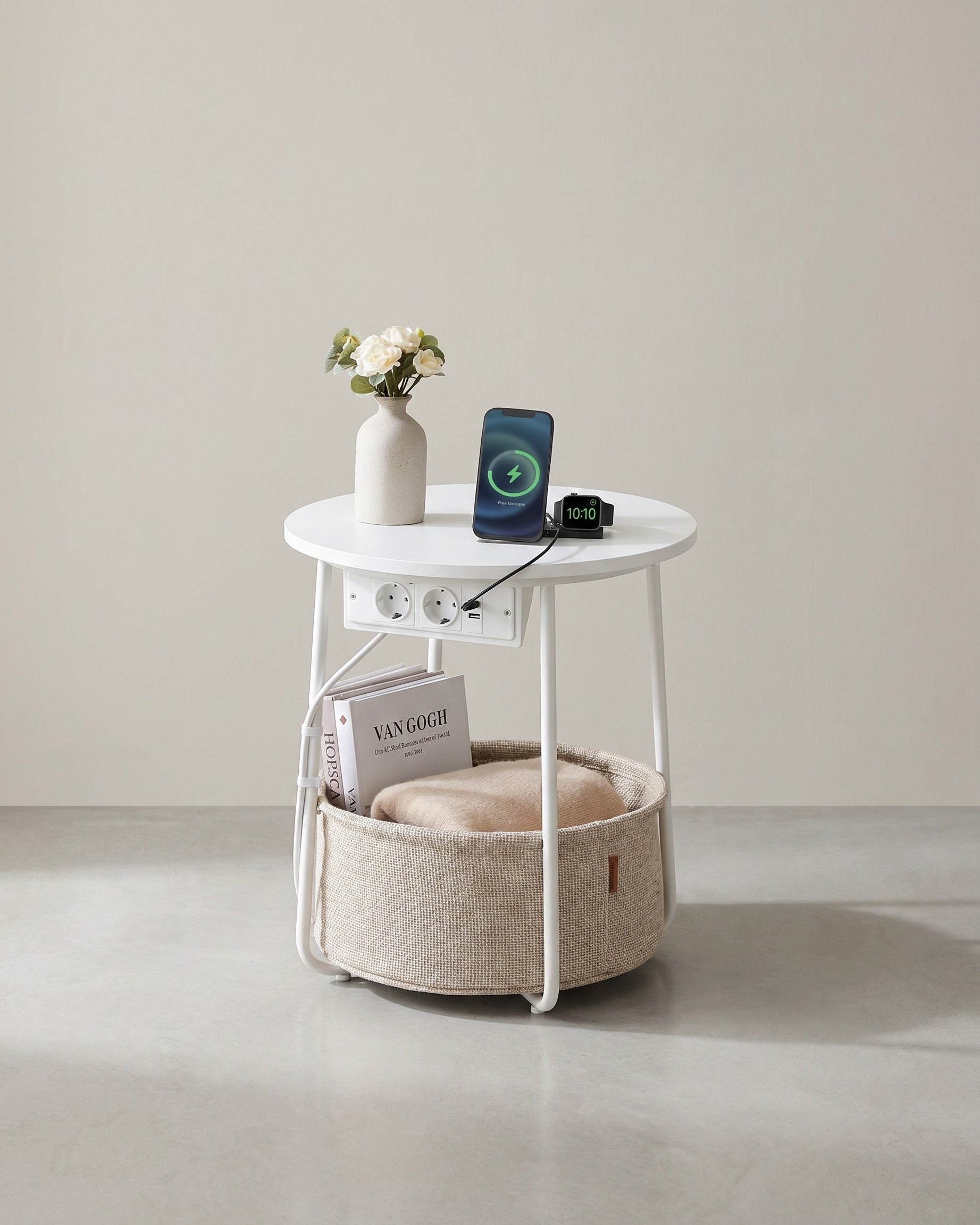 Bijzettafel met Stopcontact & USB-aansluiting - met Mandje - Modern tafeltje