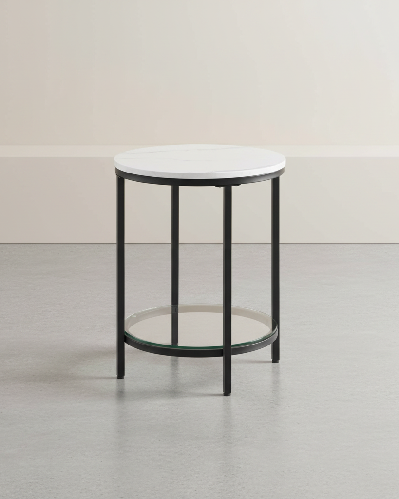Bijzettafel Marmerlook - Nachtkastje met 2 niveaus - Gehard glas - Woonkamer - Slaapkamer - De Vries Meubels