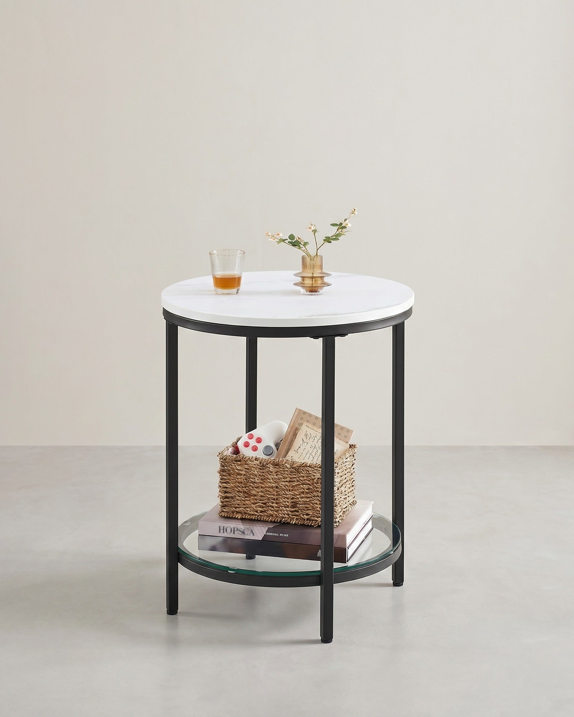 Bijzettafel Marmerlook - Nachtkastje met 2 niveaus - Gehard glas - Woonkamer - Slaapkamer - De Vries Meubels