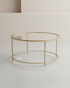 Gouden Salontafel met Gehard Glazen Blad - Ronde Tafel - De Vries Meubels