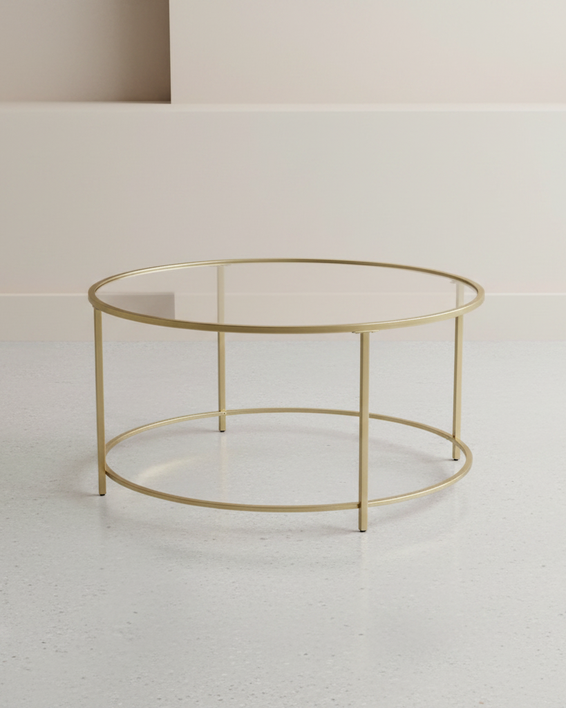 Gouden Salontafel met Gehard Glazen Blad - Ronde Tafel - De Vries Meubels