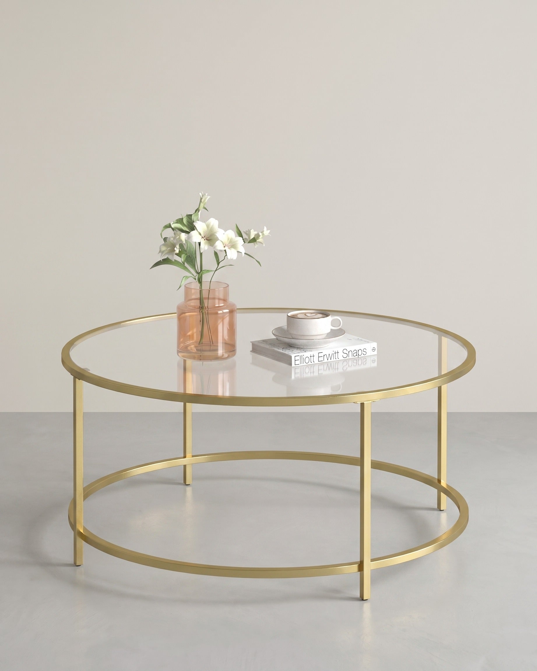Gouden Salontafel met Gehard Glazen Blad - Ronde Tafel - De Vries Meubels