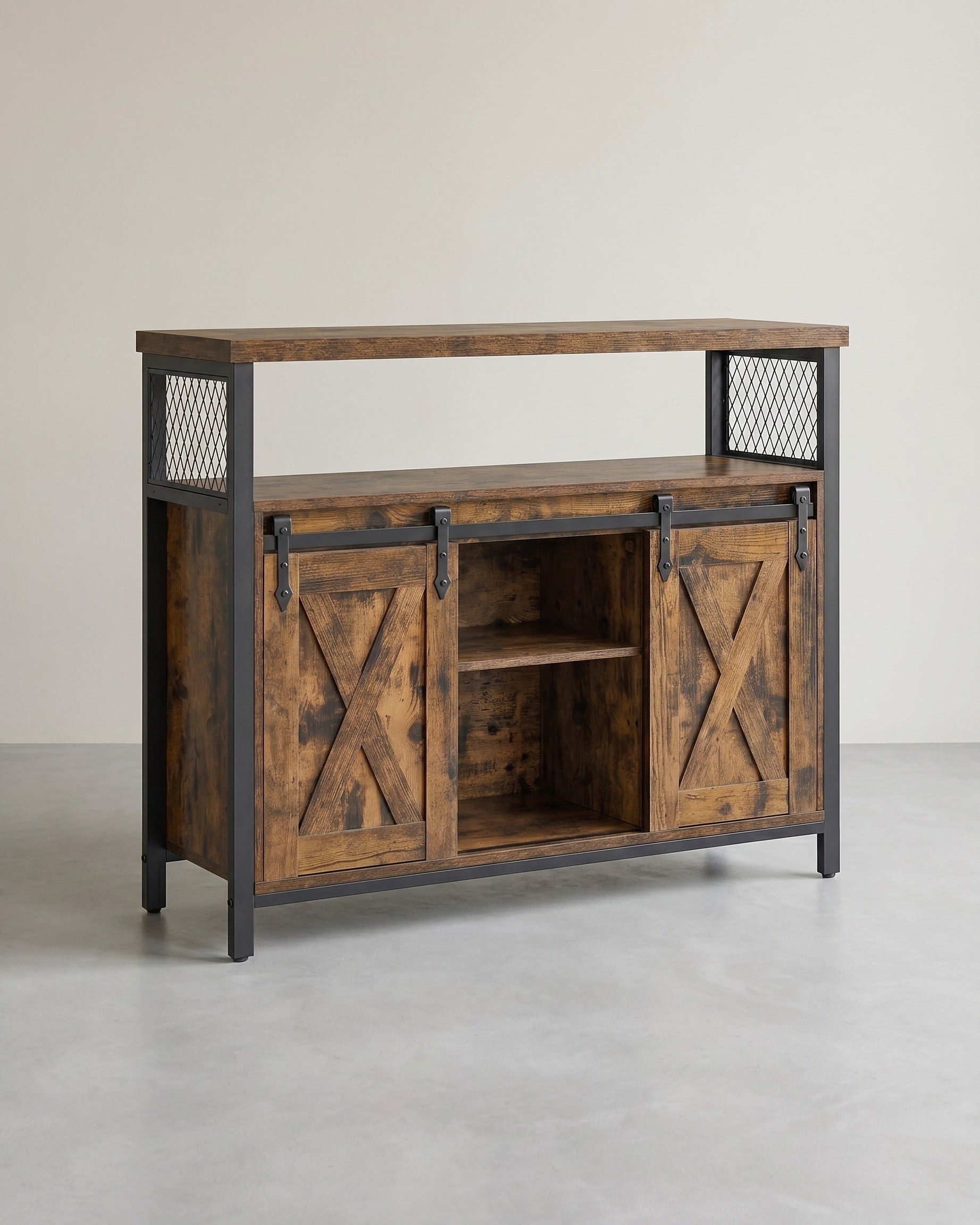 Dressoir met Schuifdeuren - Kast 100 cm breed - Vintage Bruin & Zwart - De Vries Meubels