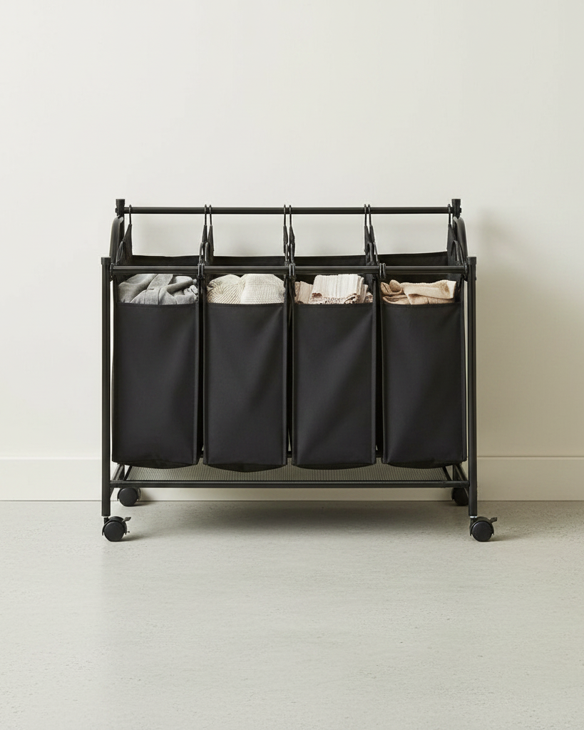 Wasmand met 4 Afneembare Zakken - Wasverzamelaar - met Wieltjes - Wasscheiding - De Vries Meubels