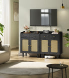 BOHO Buffet Cabinet, Drawers, Adjustable Shelf, Solid Wood Legs, Woven Design, Cable Holes