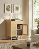 BOHO Buffet Cabinet, Drawers, Adjustable Shelf, Solid Wood Legs, Woven Design, Cable Holes