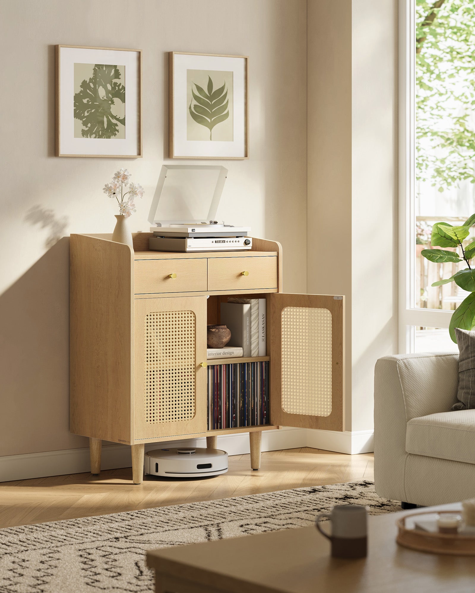 BOHO Buffet Cabinet, Drawers, Adjustable Shelf, Solid Wood Legs, Woven Design, Cable Holes