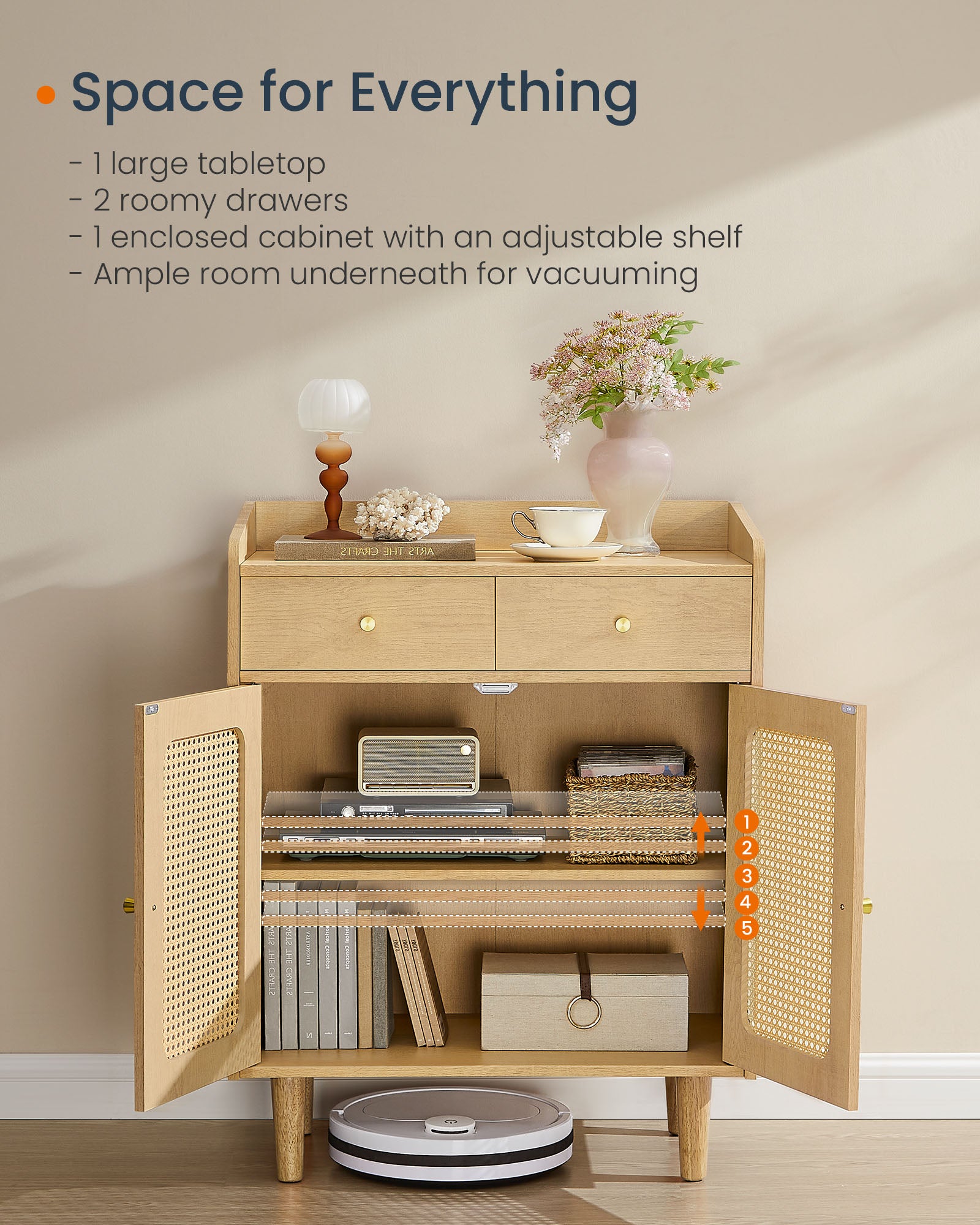 BOHO Buffet Cabinet, Drawers, Adjustable Shelf, Solid Wood Legs, Woven Design, Cable Holes