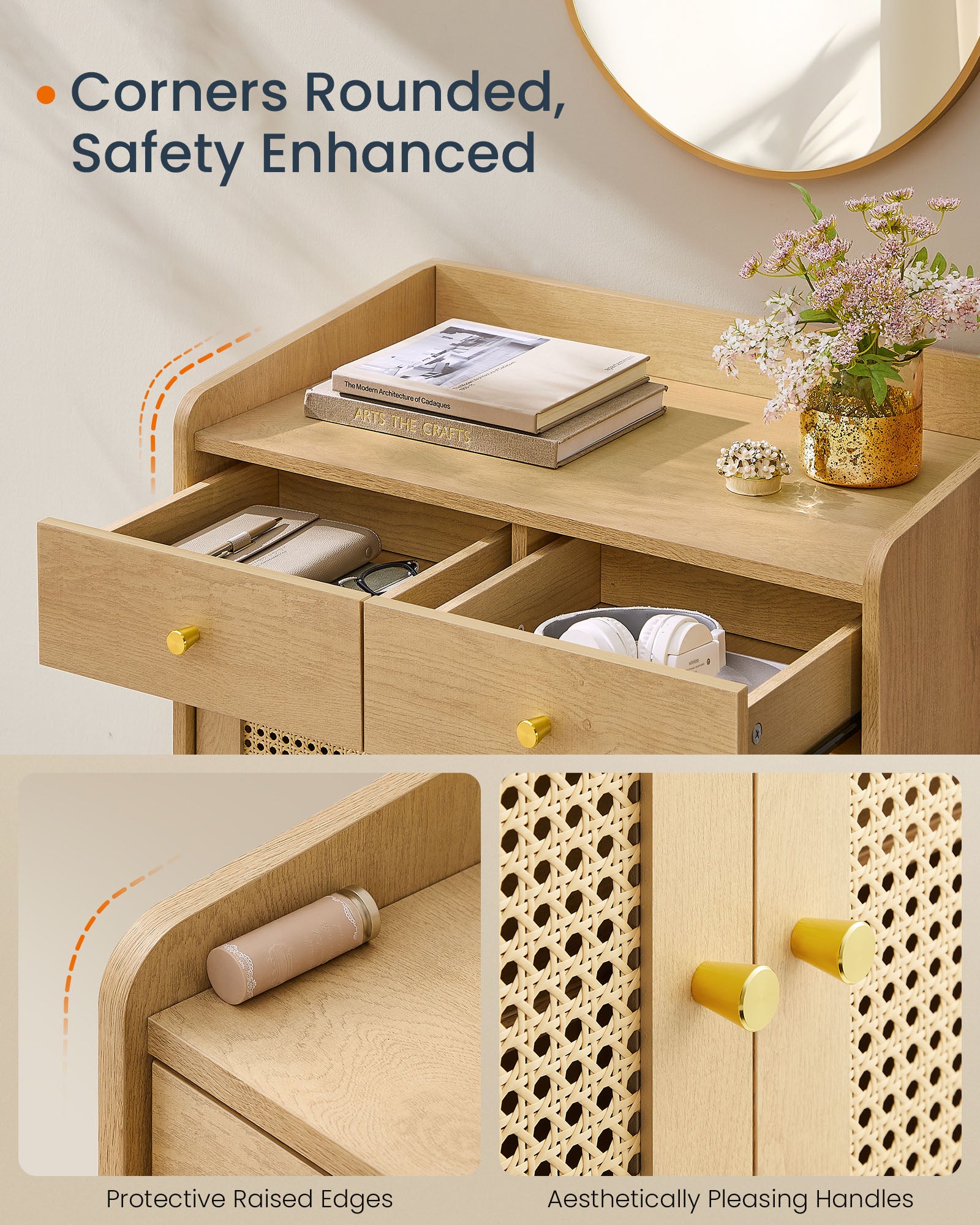 BOHO Buffet Cabinet, Drawers, Adjustable Shelf, Solid Wood Legs, Woven Design, Cable Holes