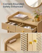 BOHO Buffet Cabinet, Drawers, Adjustable Shelf, Solid Wood Legs, Woven Design, Cable Holes