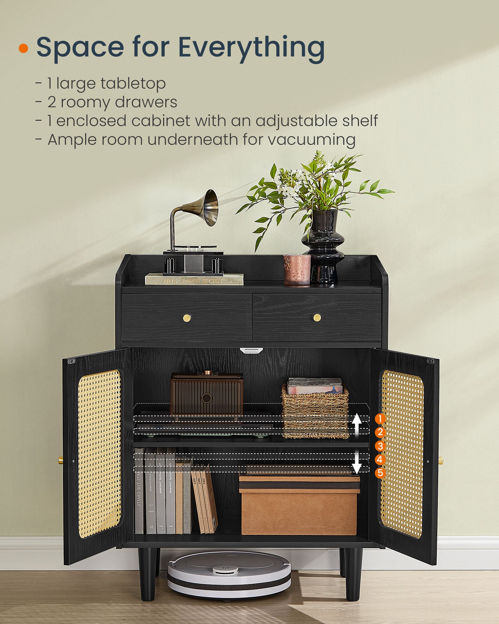 BOHO Buffet Cabinet, Drawers, Adjustable Shelf, Solid Wood Legs, Woven Design, Cable Holes