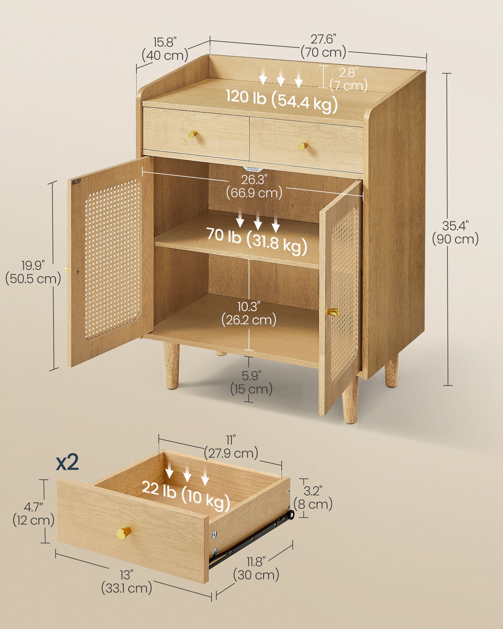 BOHO Buffet Cabinet, Drawers, Adjustable Shelf, Solid Wood Legs, Woven Design, Cable Holes