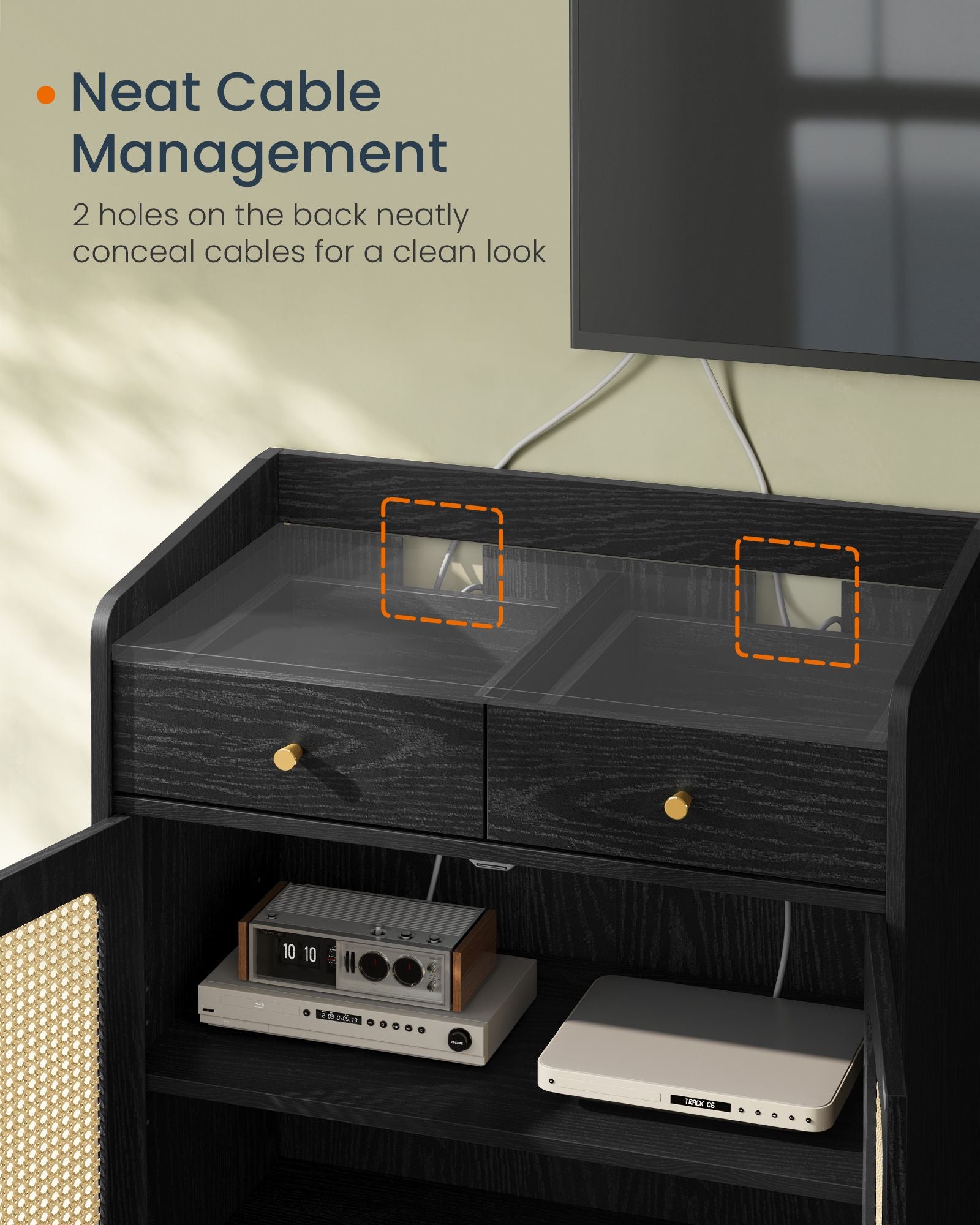 BOHO Buffet Cabinet, Drawers, Adjustable Shelf, Solid Wood Legs, Woven Design, Cable Holes