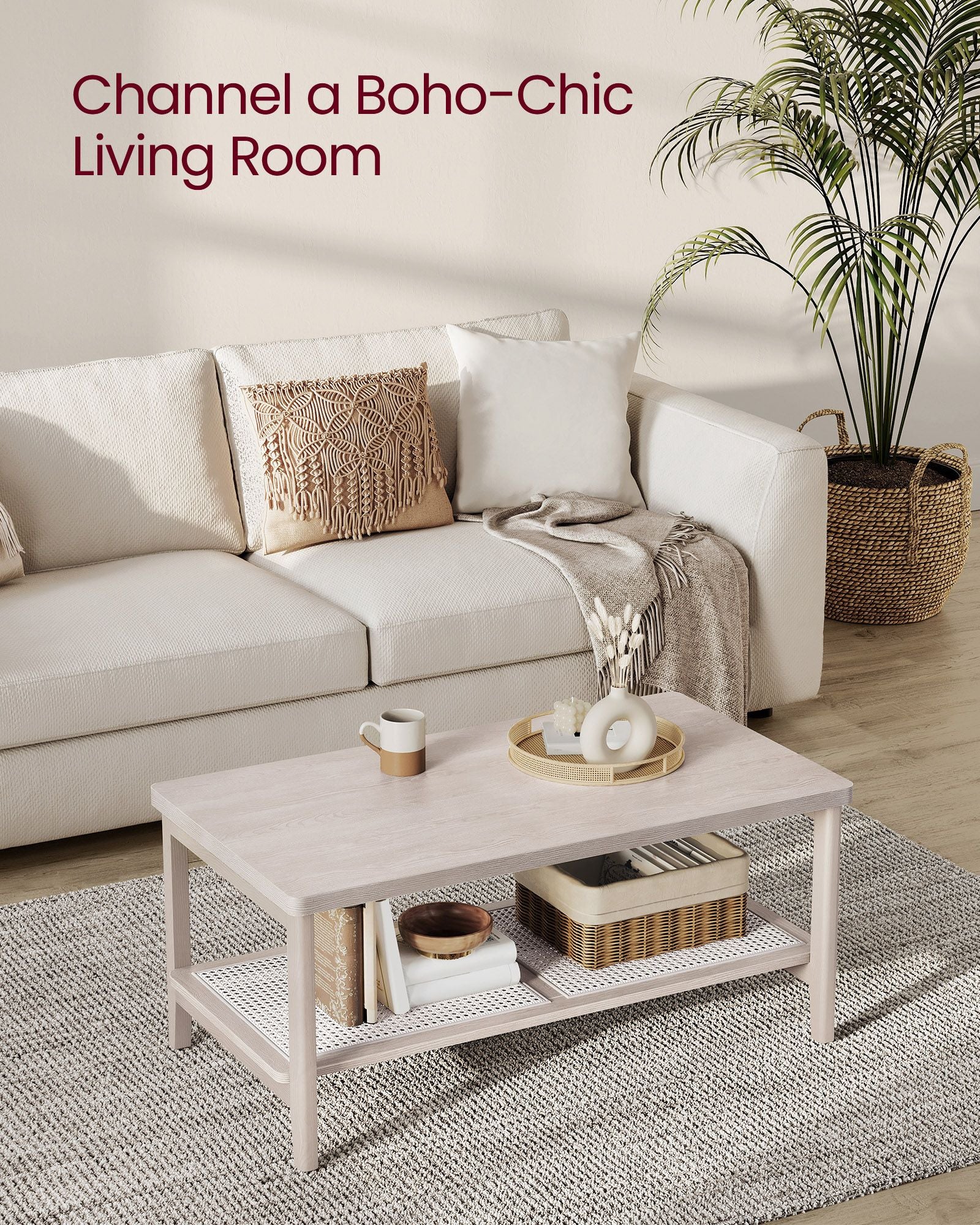 BOHO Coffee Table - Rattan Shelf - MDF Top - Rectangular Design