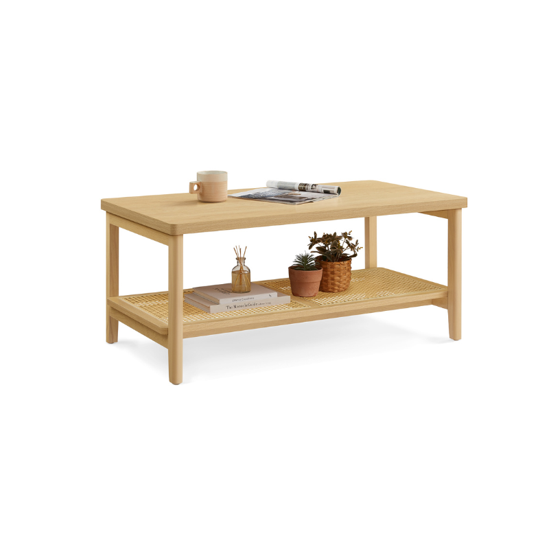 BOHO Coffee Table - Rattan Shelf - MDF Top - Rectangular Design