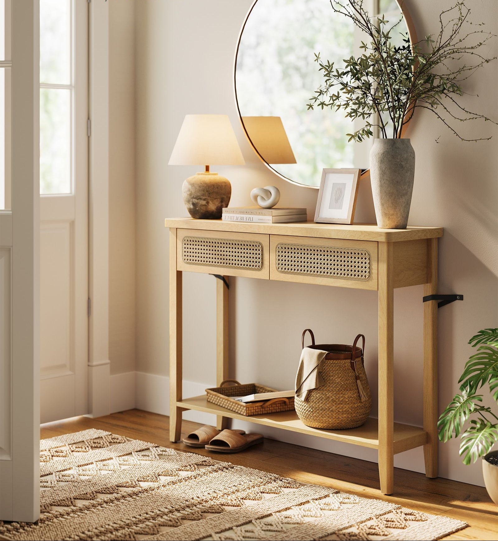 BOHO Console Table - Rattan Drawer Front - 2 Drawers - Open Shelf - Entryway or Living Room