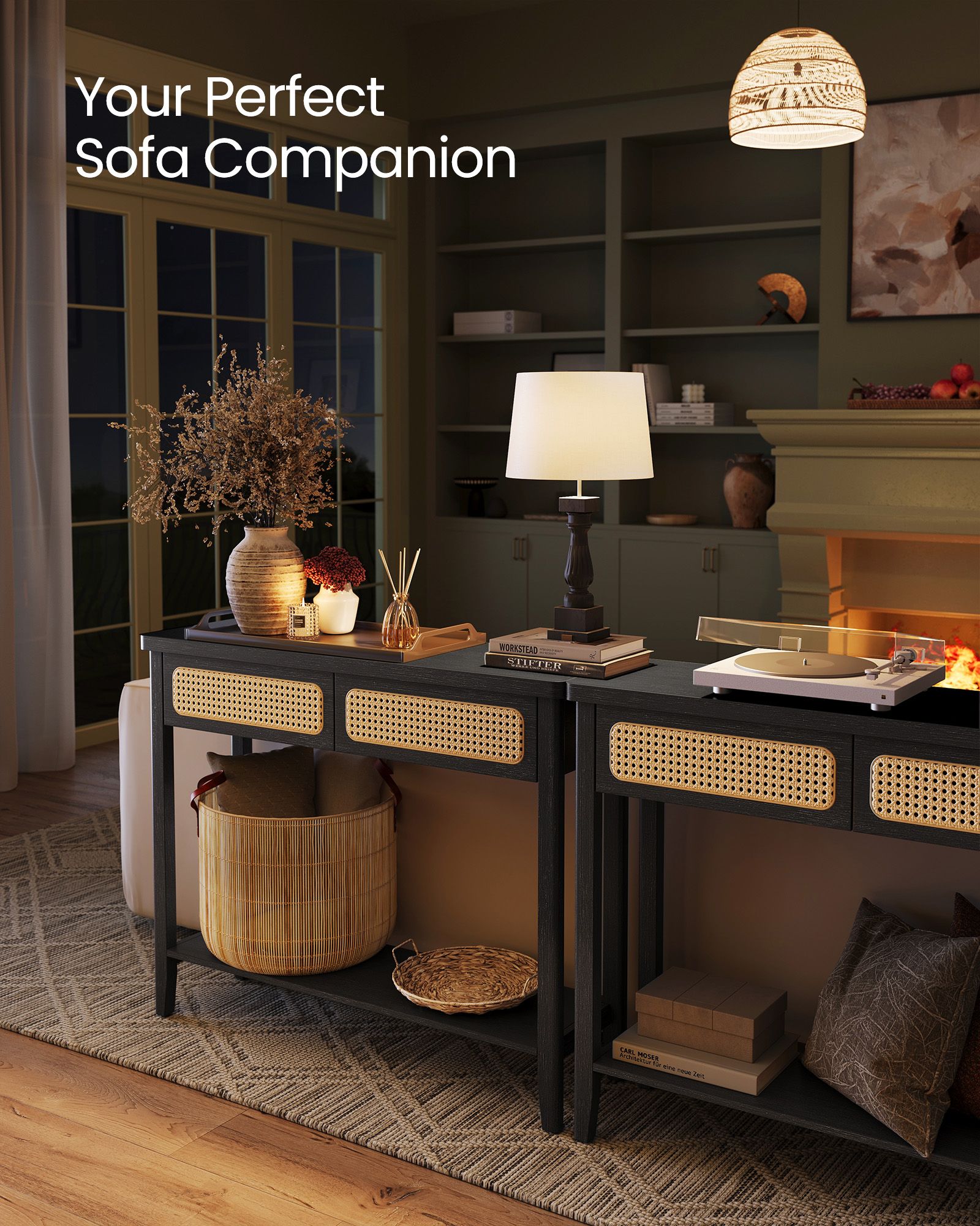BOHO Console Table - Rattan Drawer Front - 2 Drawers - Open Shelf - Entryway or Living Room