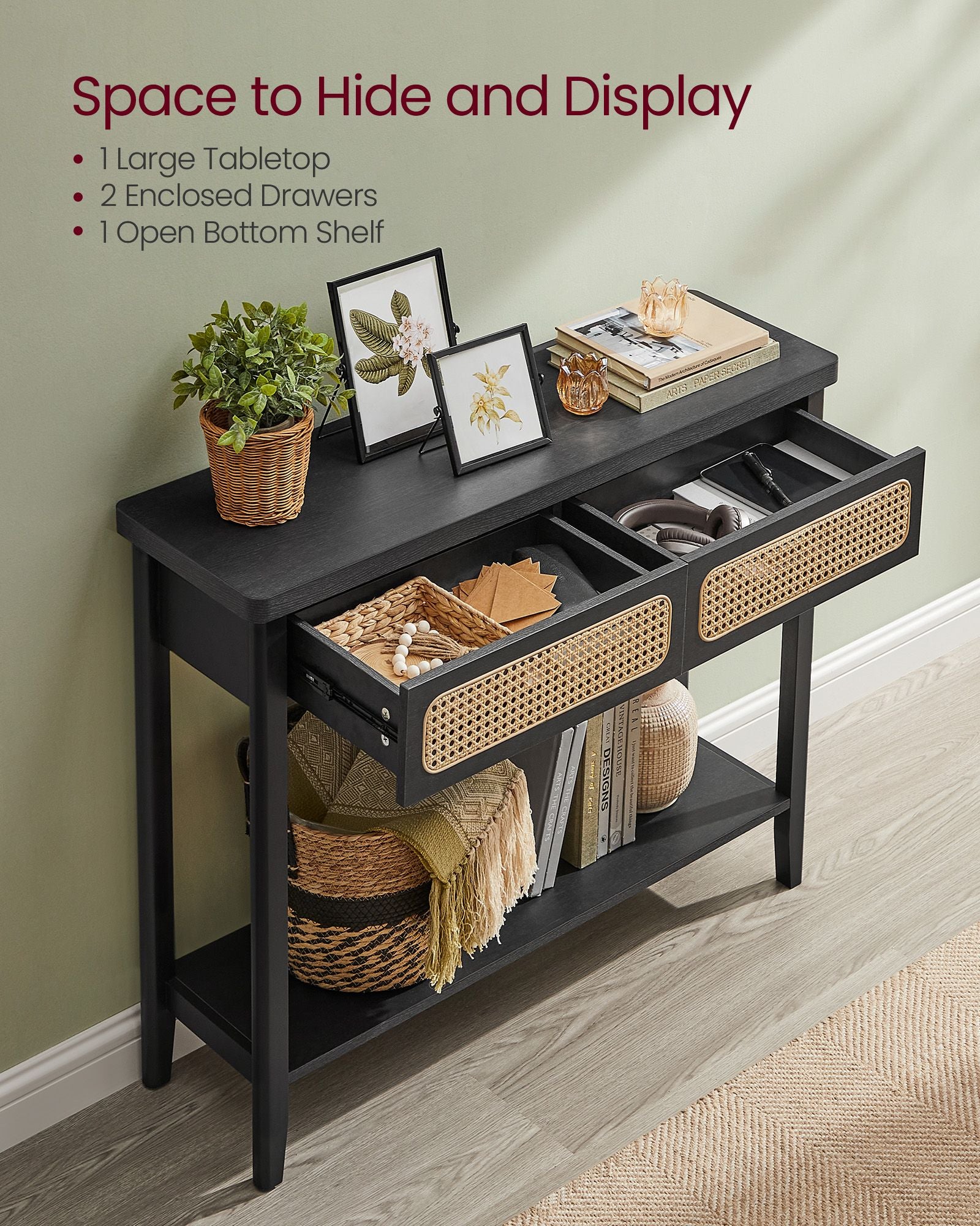 BOHO Console Table - Rattan Drawer Front - 2 Drawers - Open Shelf - Entryway or Living Room