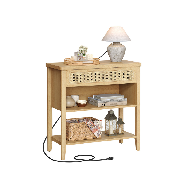 BOHO Console Table - With Charging Station - Rattan Drawer - Compact Storage