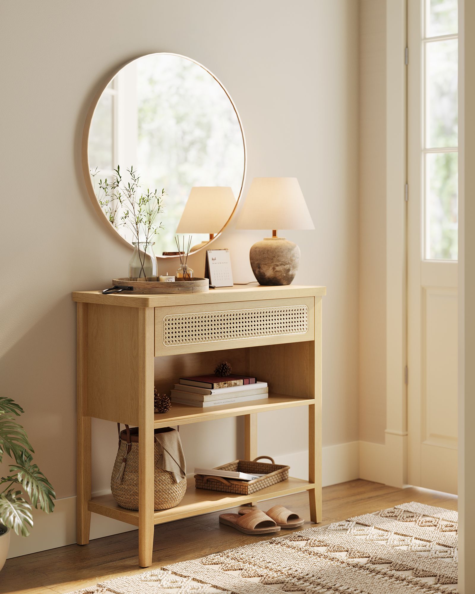 BOHO Console Table - With Charging Station - Rattan Drawer - Compact Storage