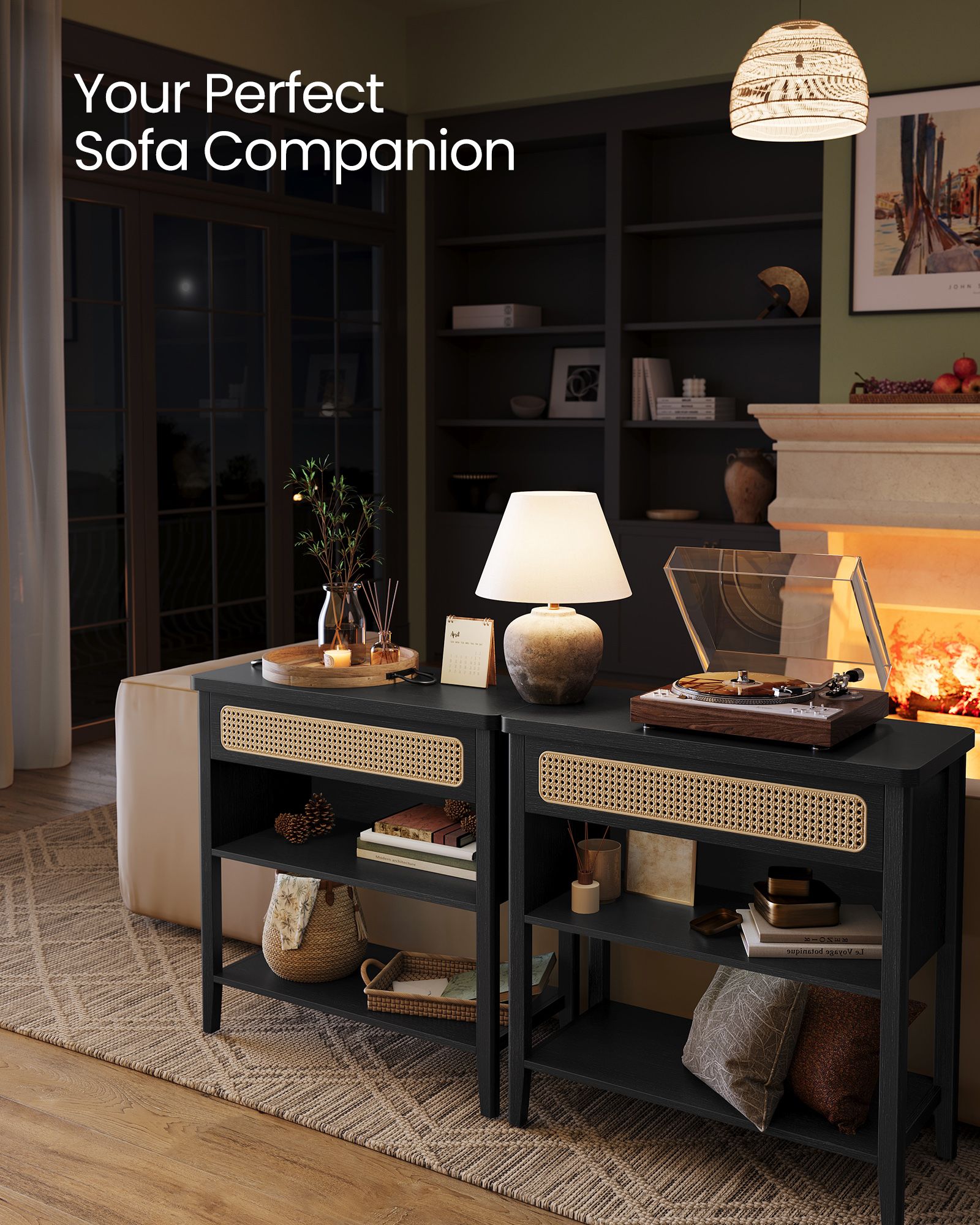 BOHO Console Table - With Charging Station - Rattan Drawer - Compact Storage