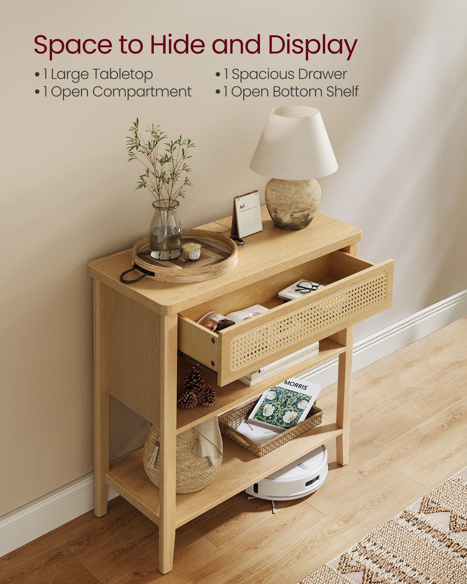 BOHO Console Table - With Charging Station - Rattan Drawer - Compact Storage