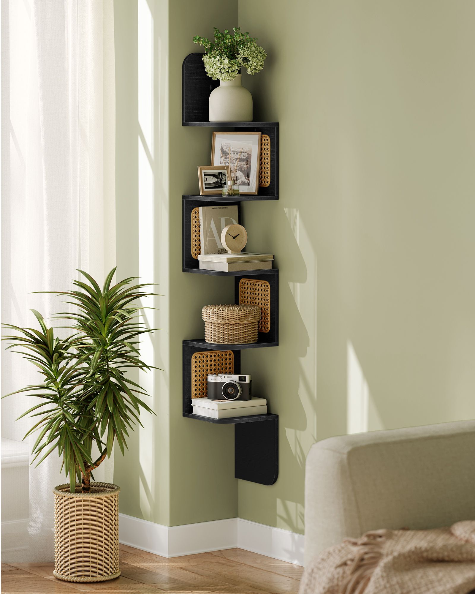 BOHO Corner Shelf - 5 Tiers - Wall-Mounted - PVC Rattan Sides - Space-Saving Design