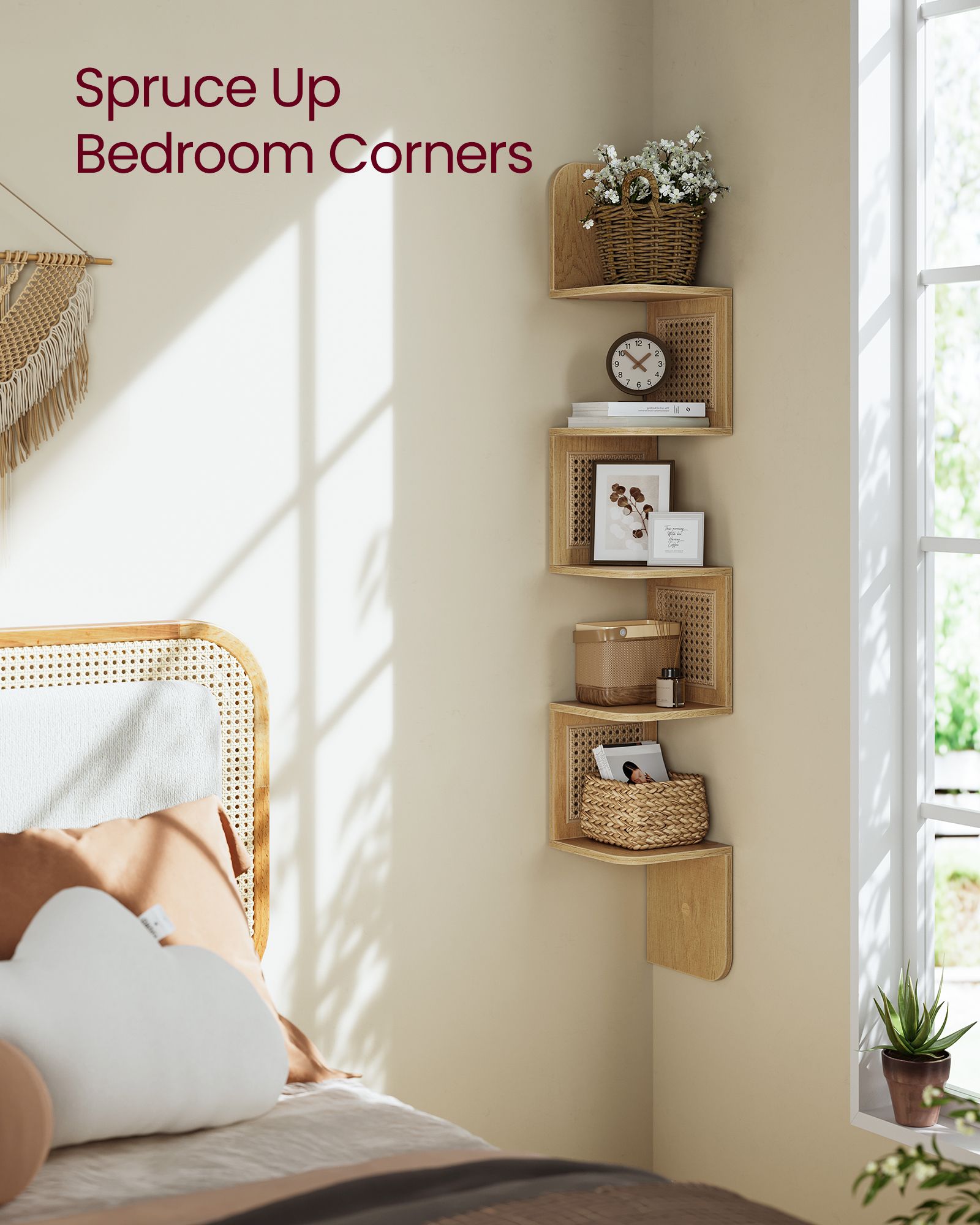 BOHO Corner Shelf - 5 Tiers - Wall-Mounted - PVC Rattan Sides - Space-Saving Design