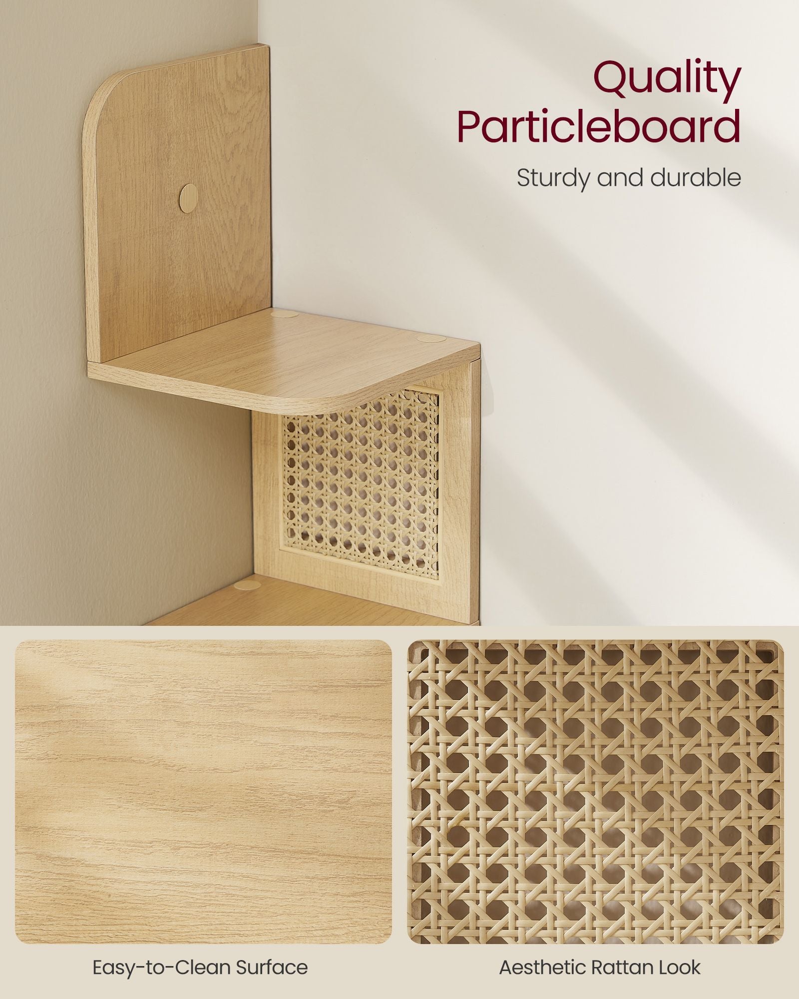 BOHO Corner Shelf - 5 Tiers - Wall-Mounted - PVC Rattan Sides - Space-Saving Design