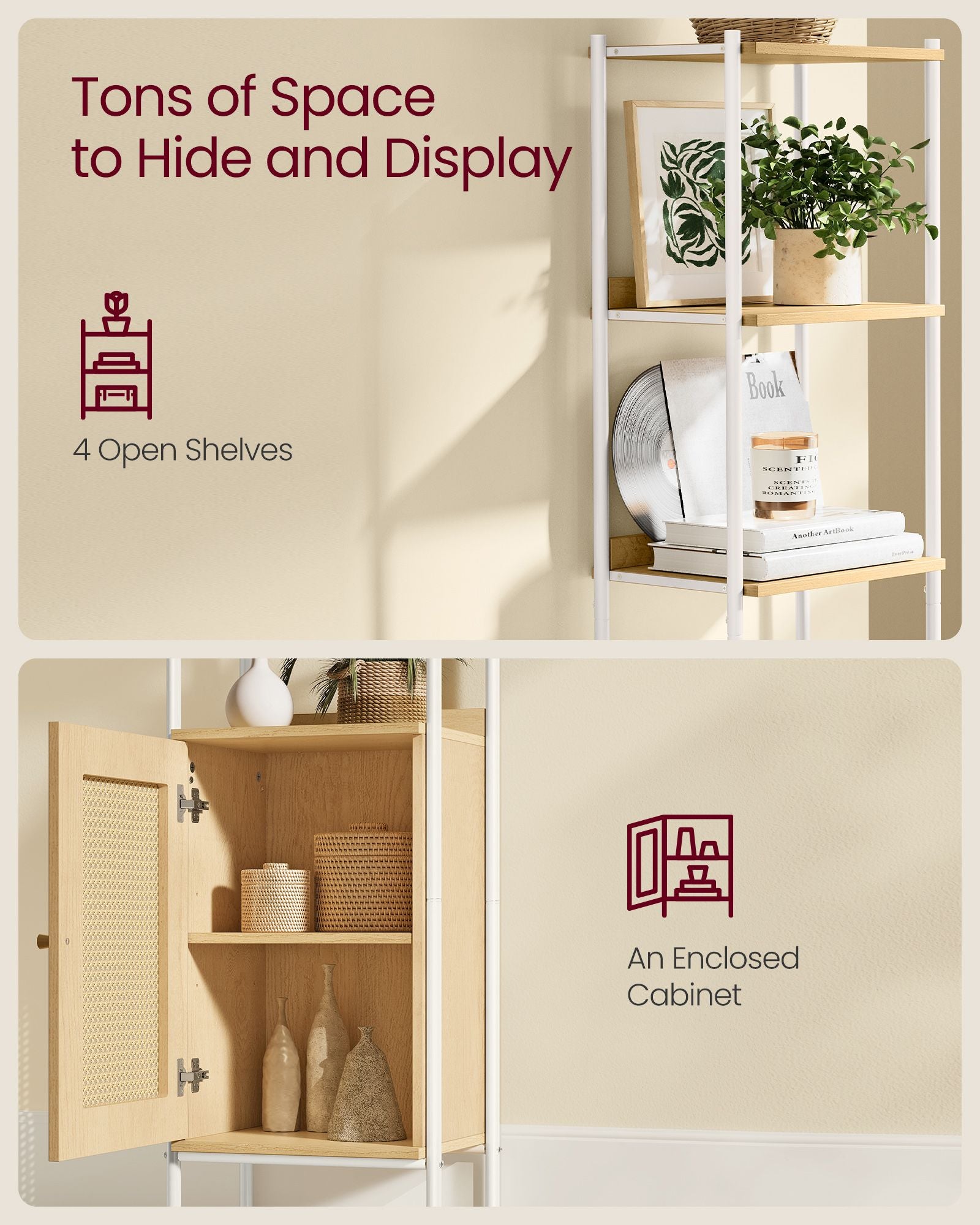 BOHO Tall Bookcase, Rattan Cabinet, Narrow/Wide, Open/Enclosed Storage