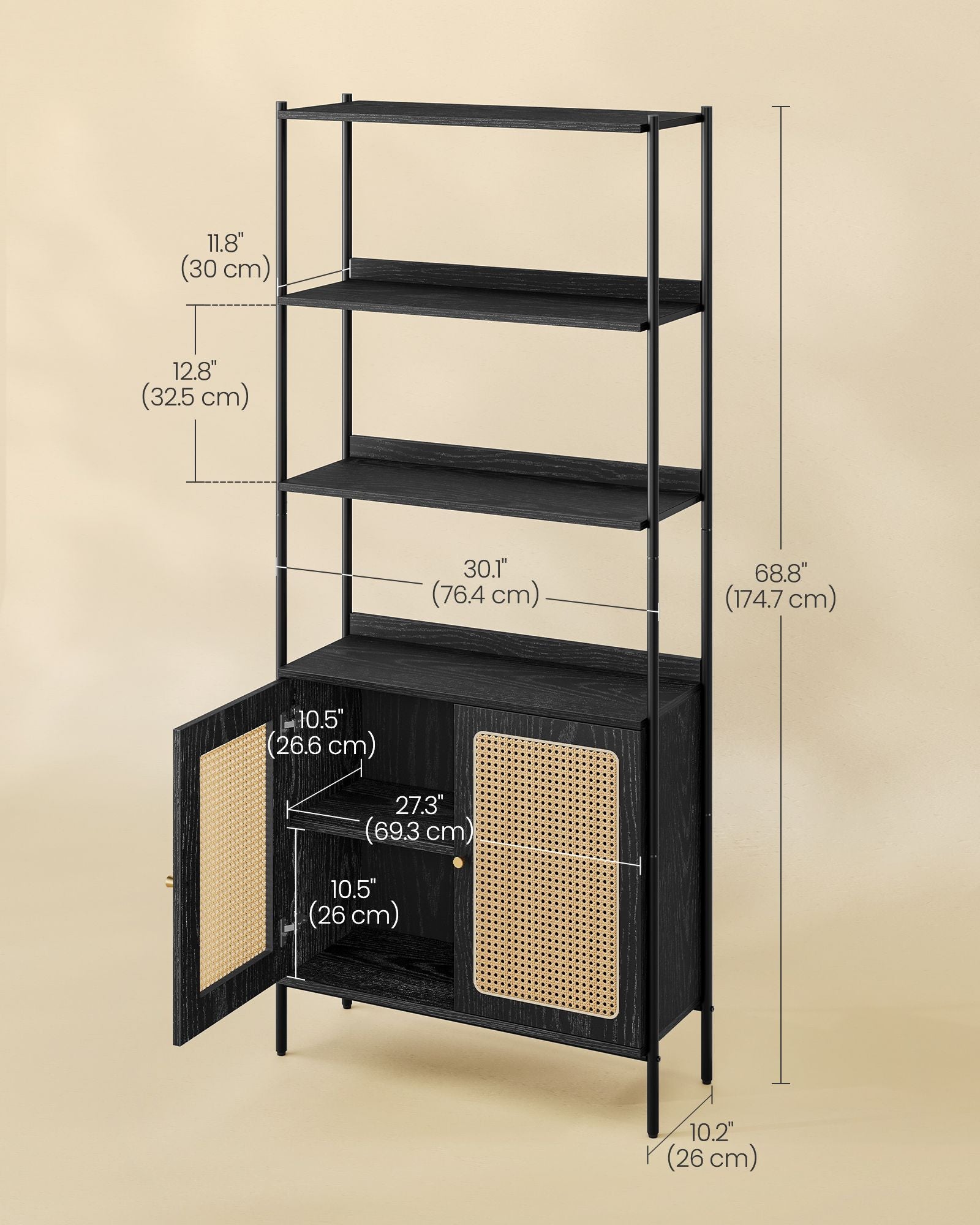BOHO Tall Bookcase, Rattan Cabinet, Narrow/Wide, Open/Enclosed Storage