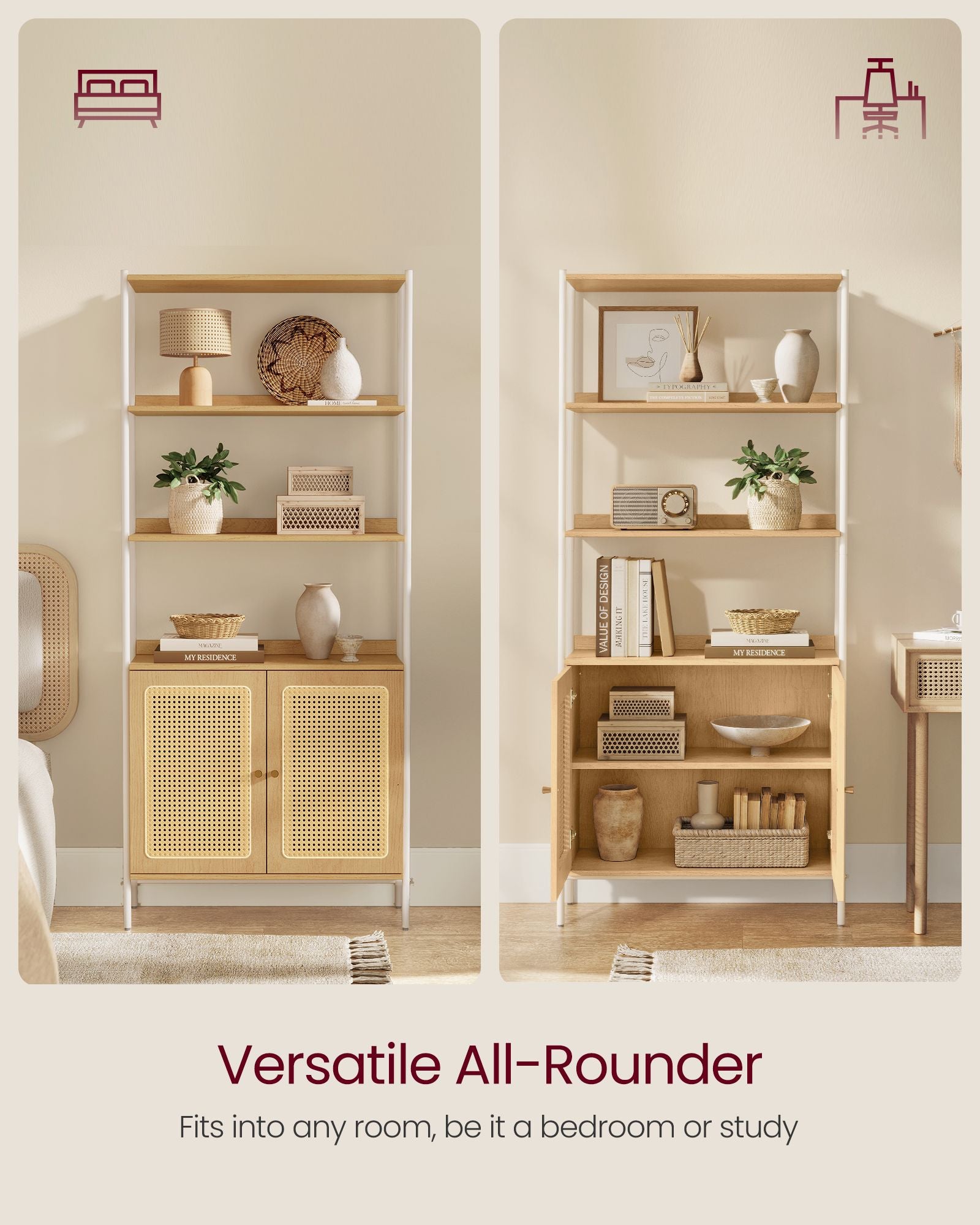 BOHO Tall Bookcase, Rattan Cabinet, Narrow/Wide, Open/Enclosed Storage