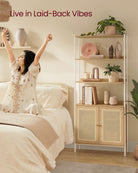 BOHO Tall Bookcase, Rattan Cabinet, Narrow/Wide, Open/Enclosed Storage