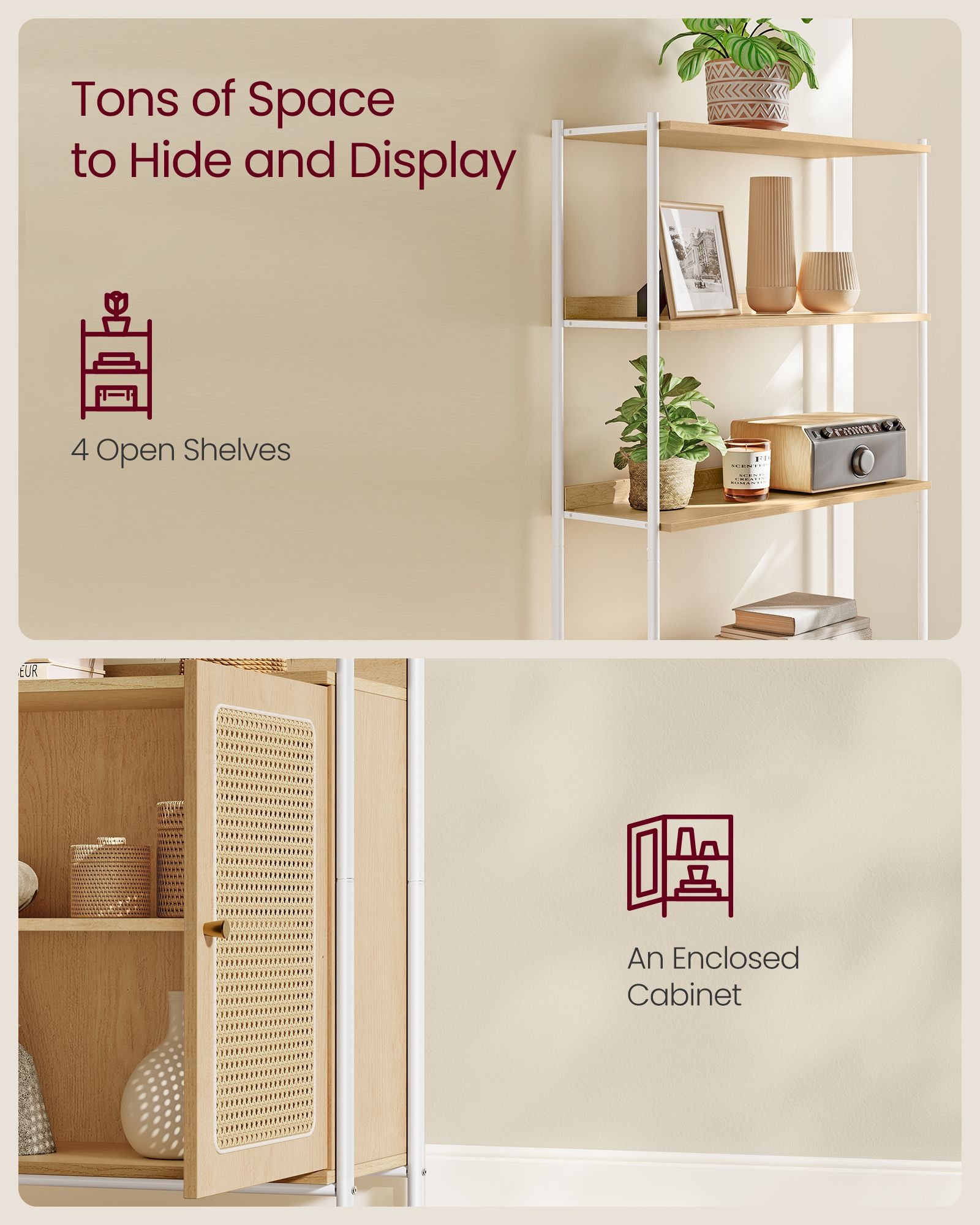 BOHO Tall Bookcase, Rattan Cabinet, Narrow/Wide, Open/Enclosed Storage