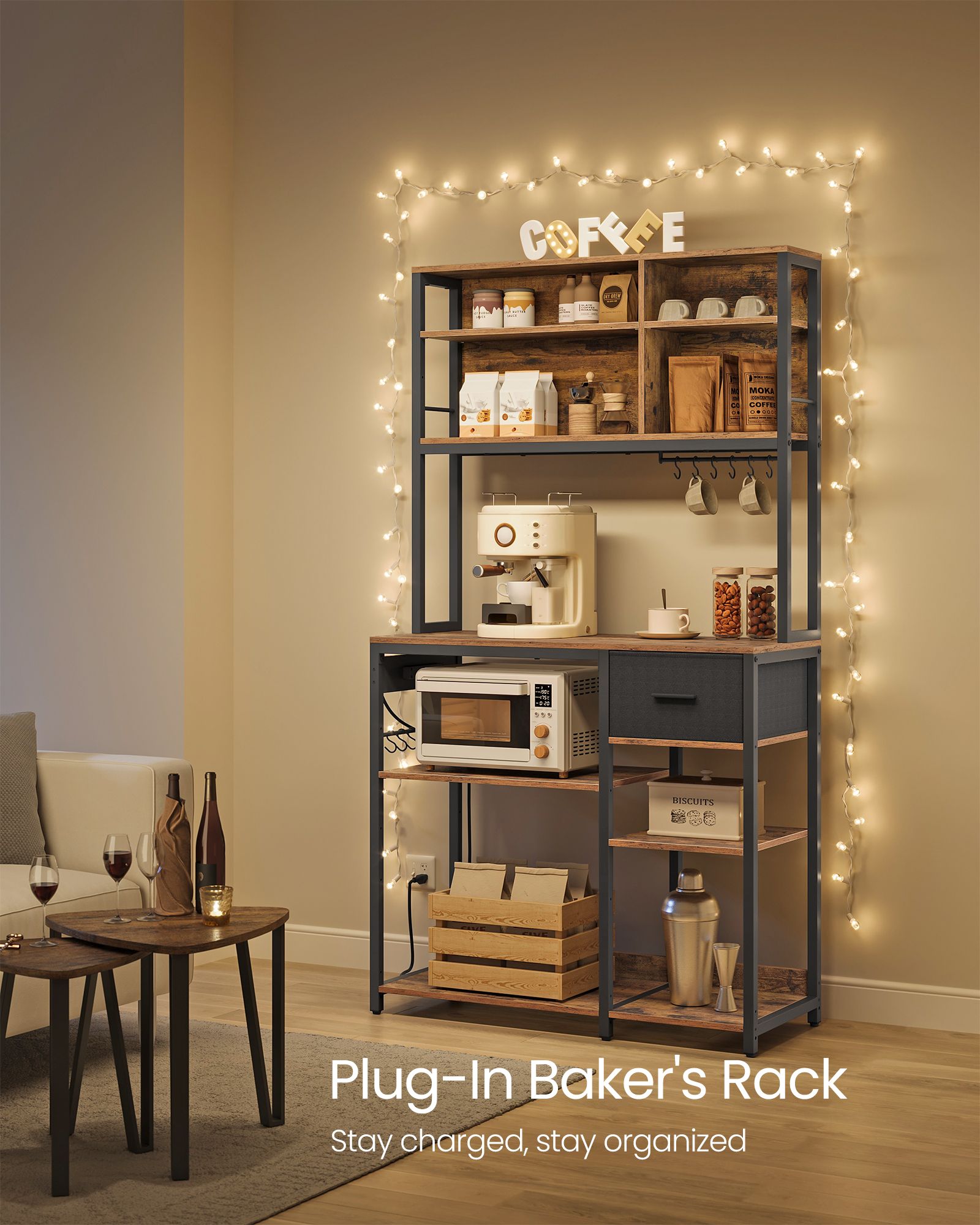 Baker's Rack, Power Strip, Coffee Bar, Fabric Drawer, Hooks, Adjustable Shelves