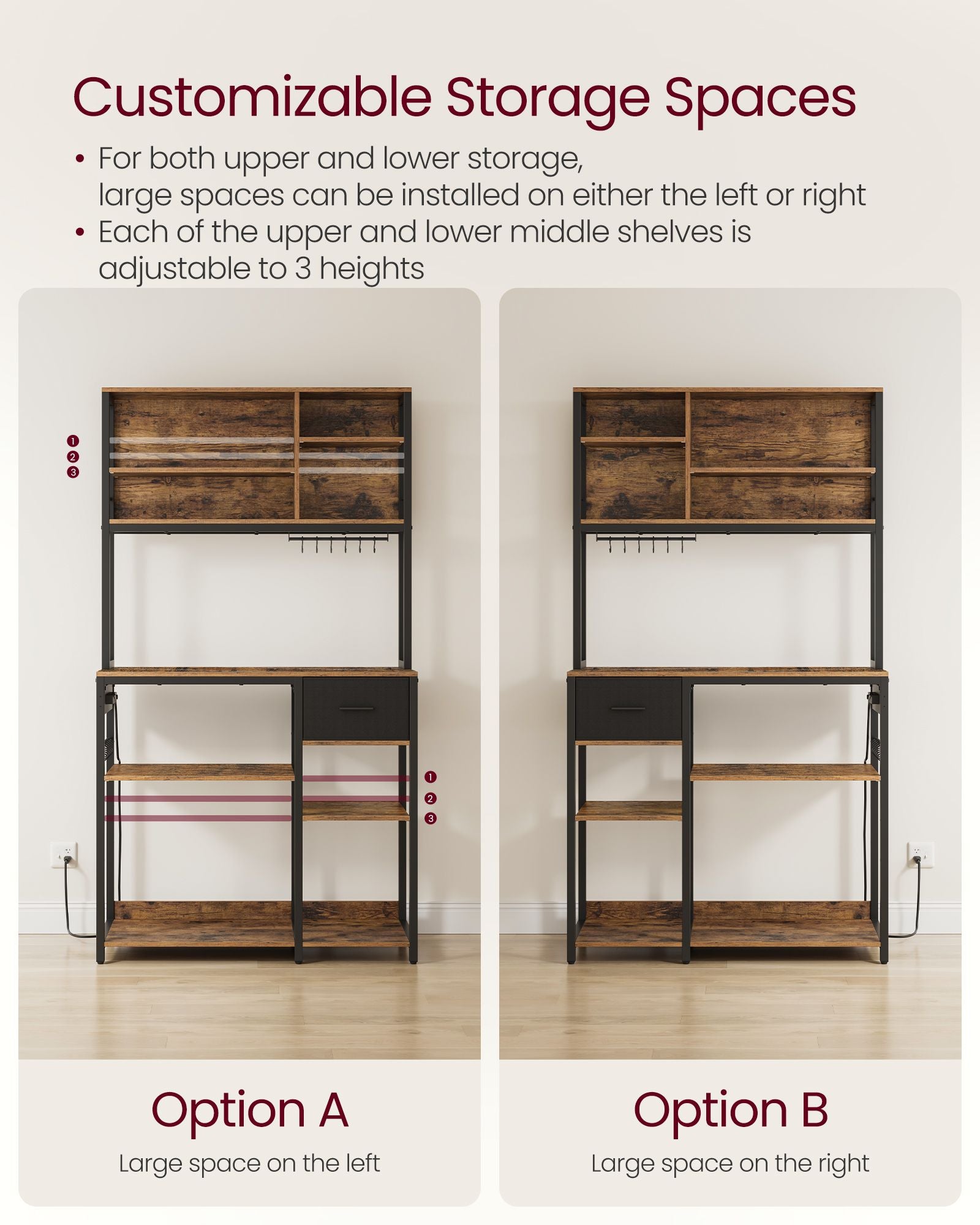 Baker's Rack, Power Strip, Coffee Bar, Fabric Drawer, Hooks, Adjustable Shelves