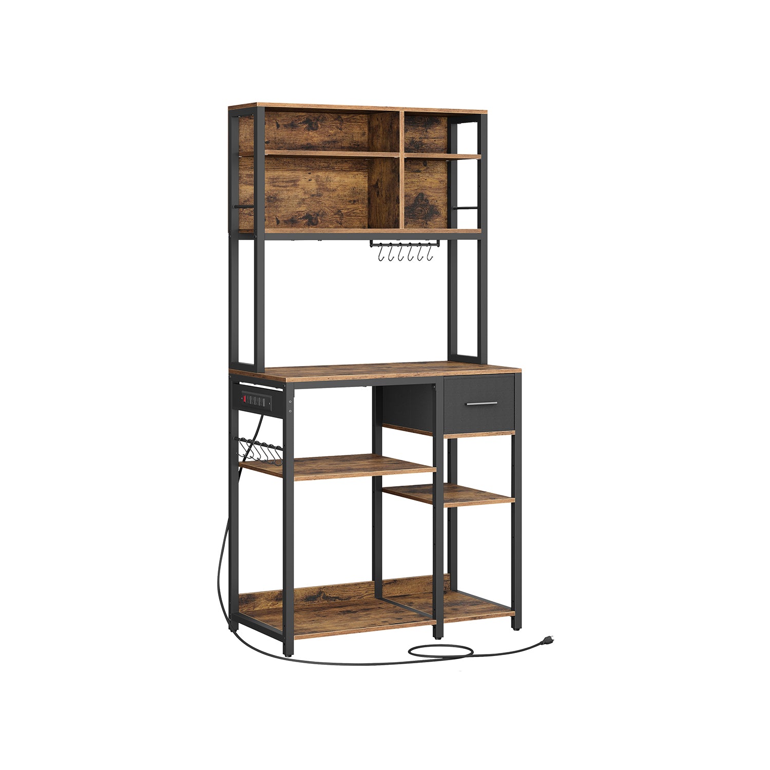 Baker's Rack, Power Strip, Coffee Bar, Fabric Drawer, Hooks, Adjustable Shelves