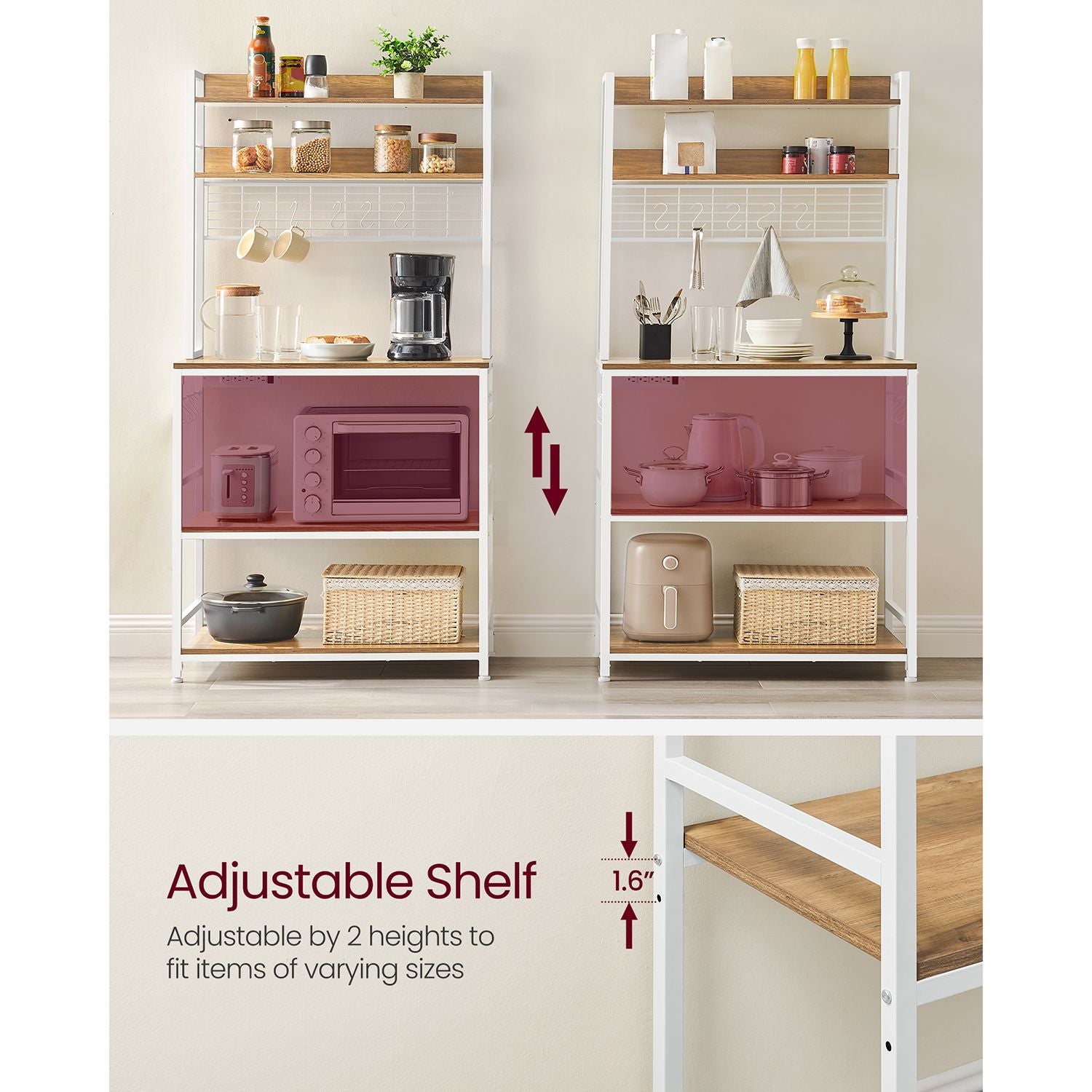 Baker's rack, power outlet, 5-tier kitchen stand, hooks, adjustable shelf