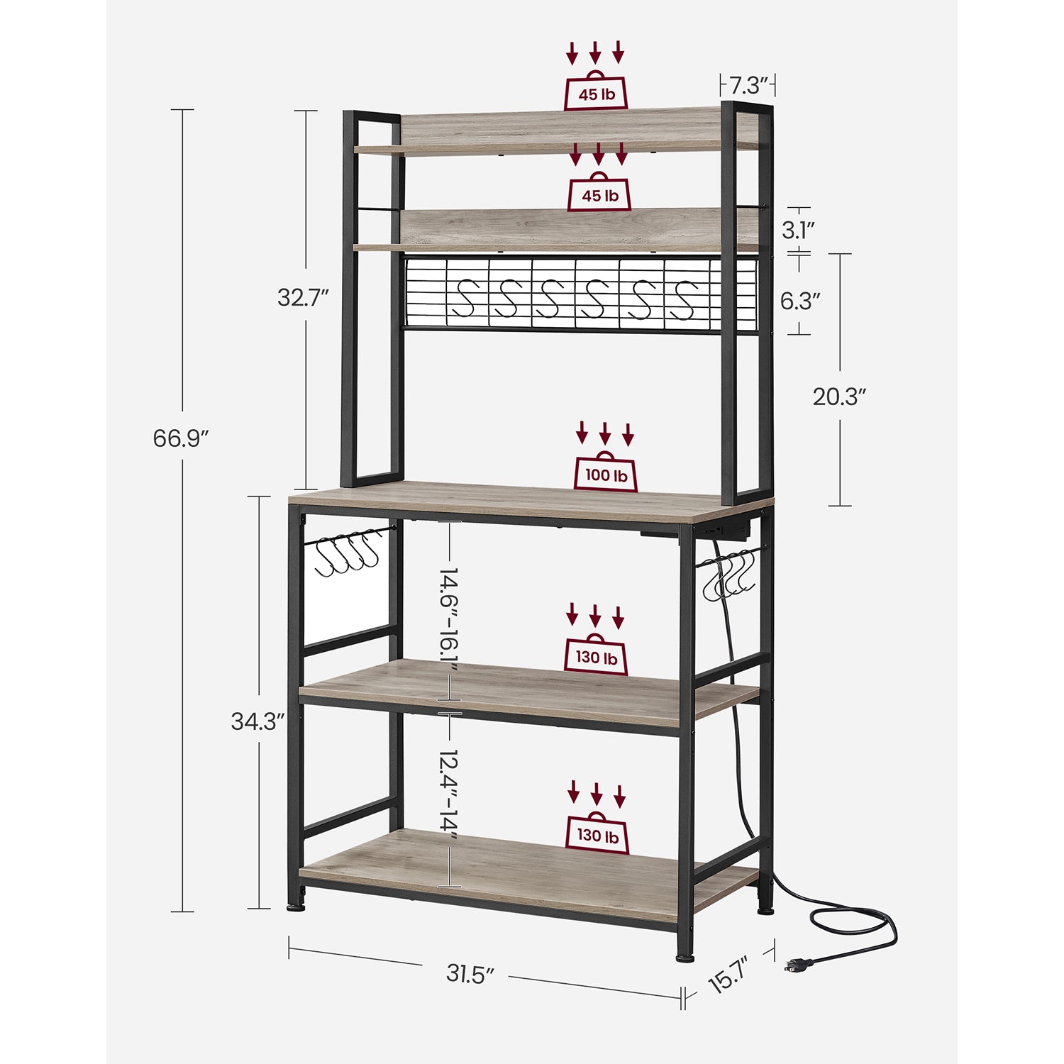 Baker's rack, power outlet, 5-tier kitchen stand, hooks, adjustable shelf