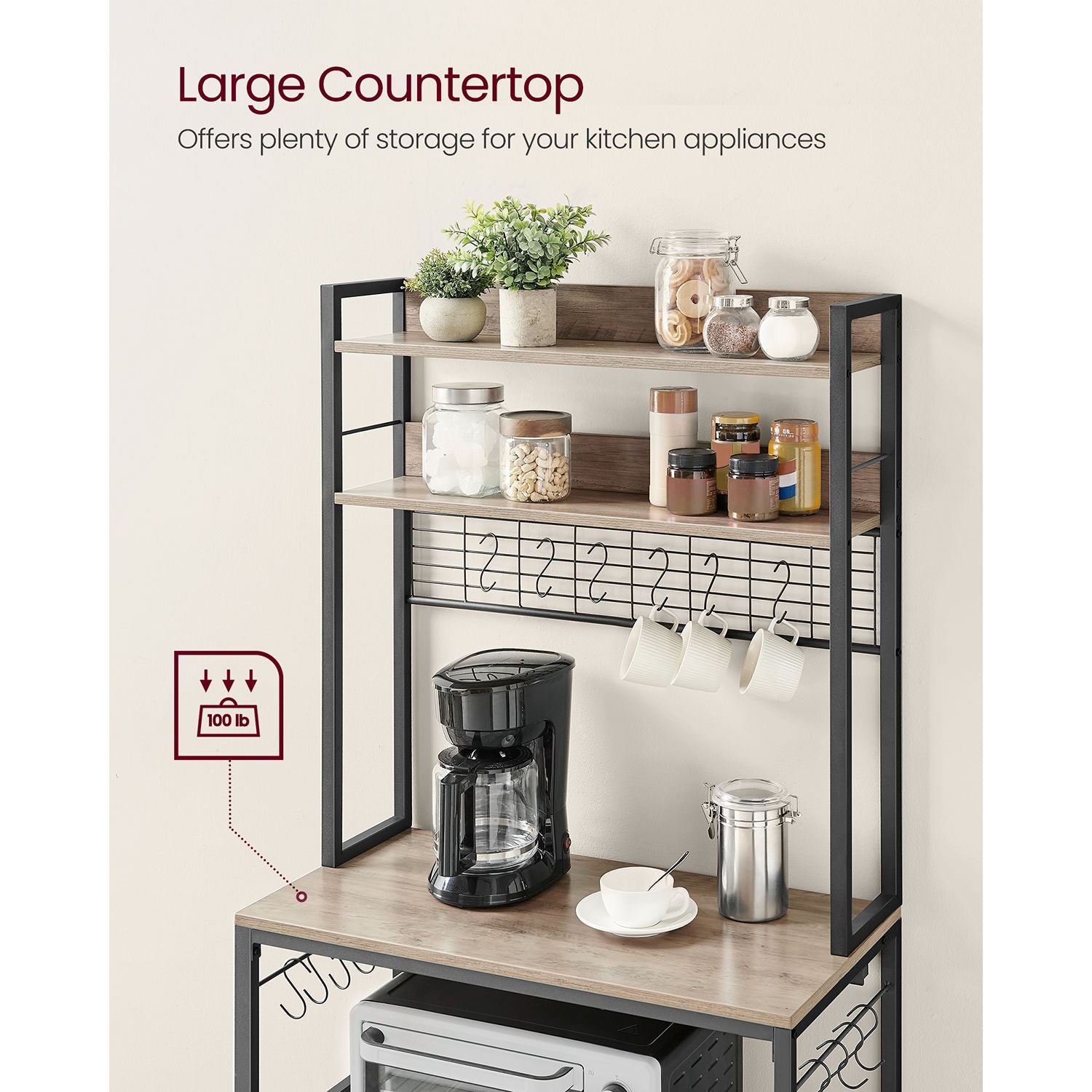 Baker's rack, power outlet, 5-tier kitchen stand, hooks, adjustable shelf