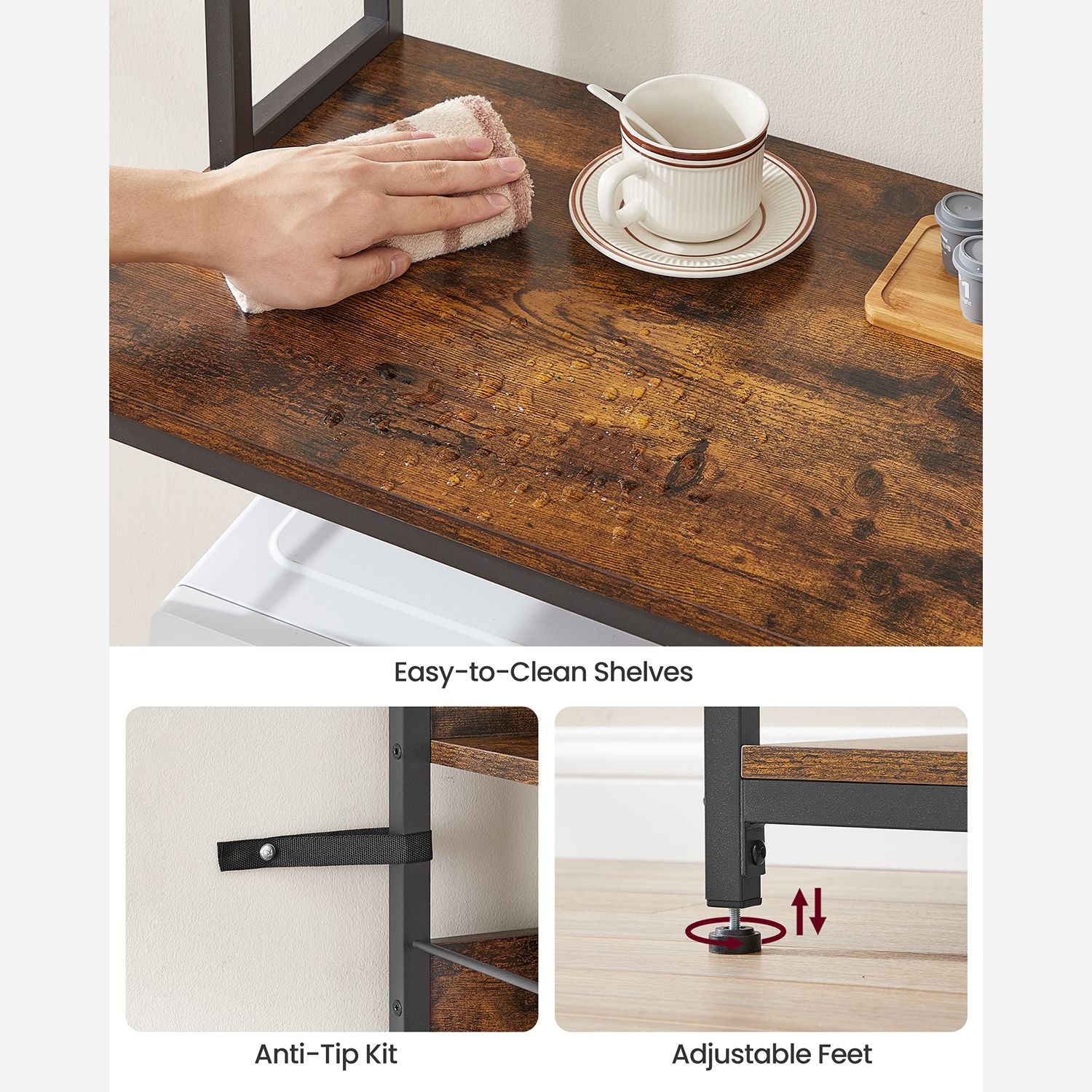 Baker's rack, power outlet, 5-tier kitchen stand, hooks, adjustable shelf