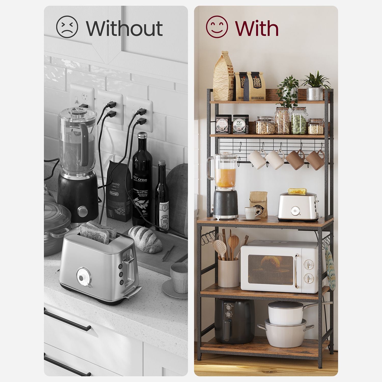 Baker's rack, power outlet, 5-tier kitchen stand, hooks, adjustable shelf